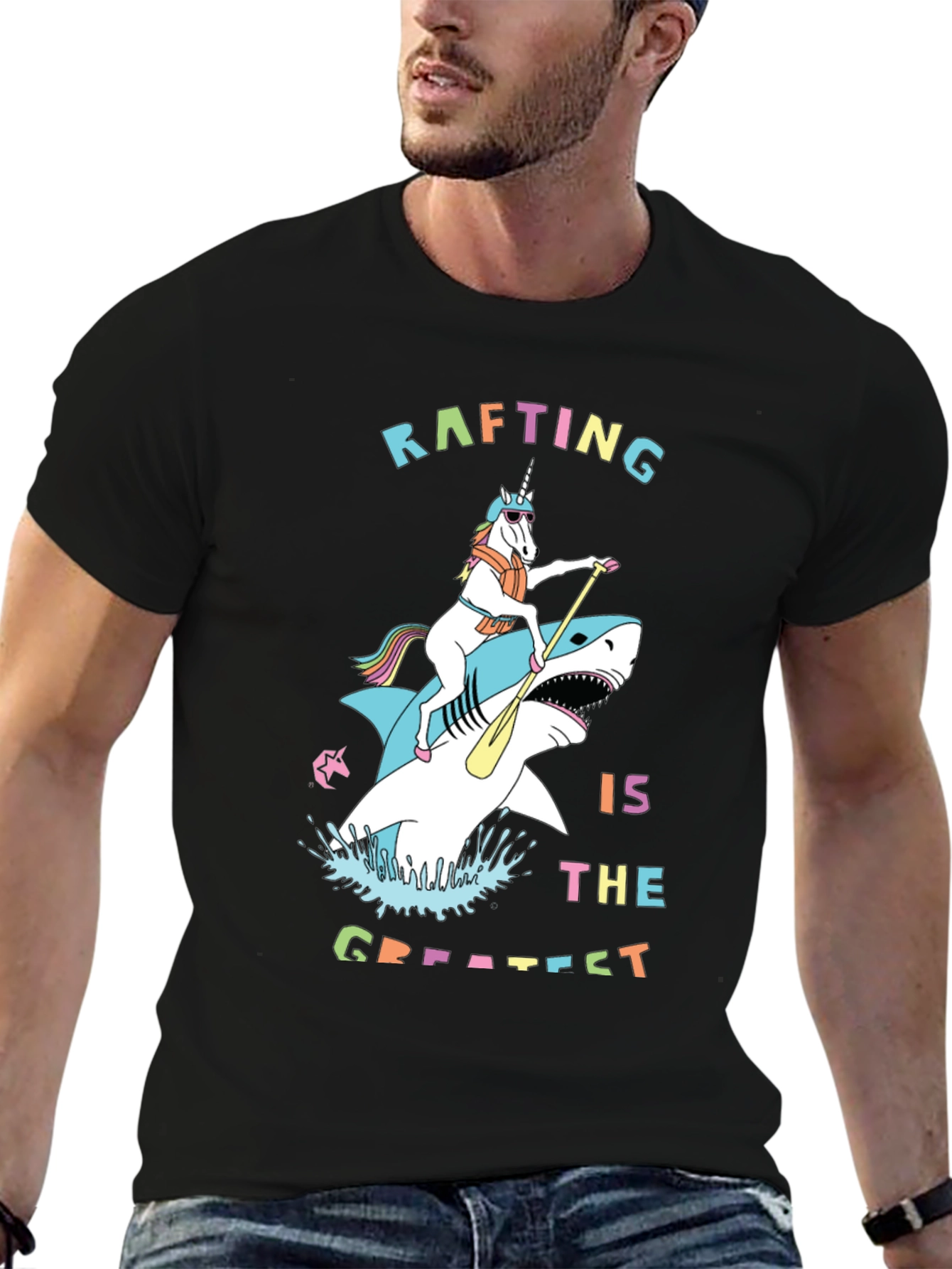 Rafting Shark and Unicorn Black T-Shirt