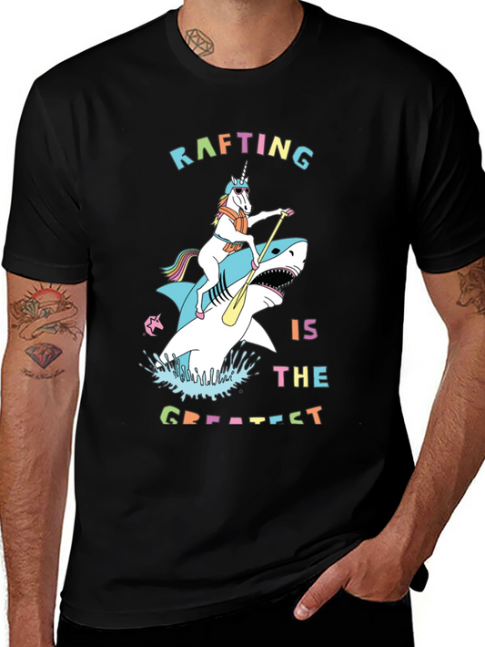 Rafting Shark and Unicorn Black T-Shirt