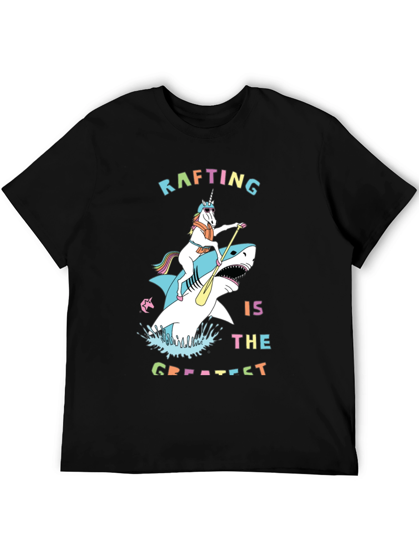 Rafting Shark and Unicorn Black T-Shirt