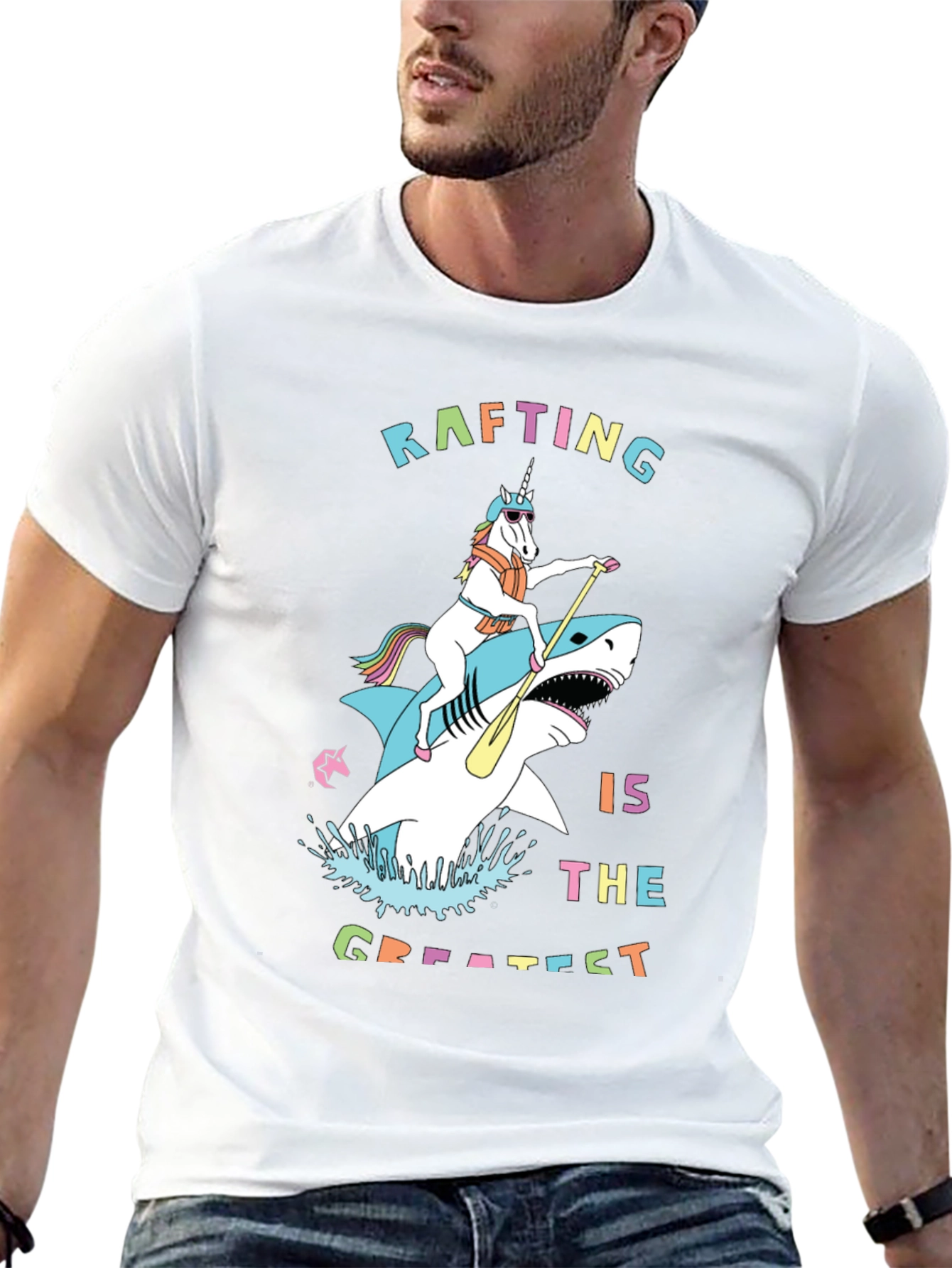 Rafting Shark and Unicorn Black T-Shirt