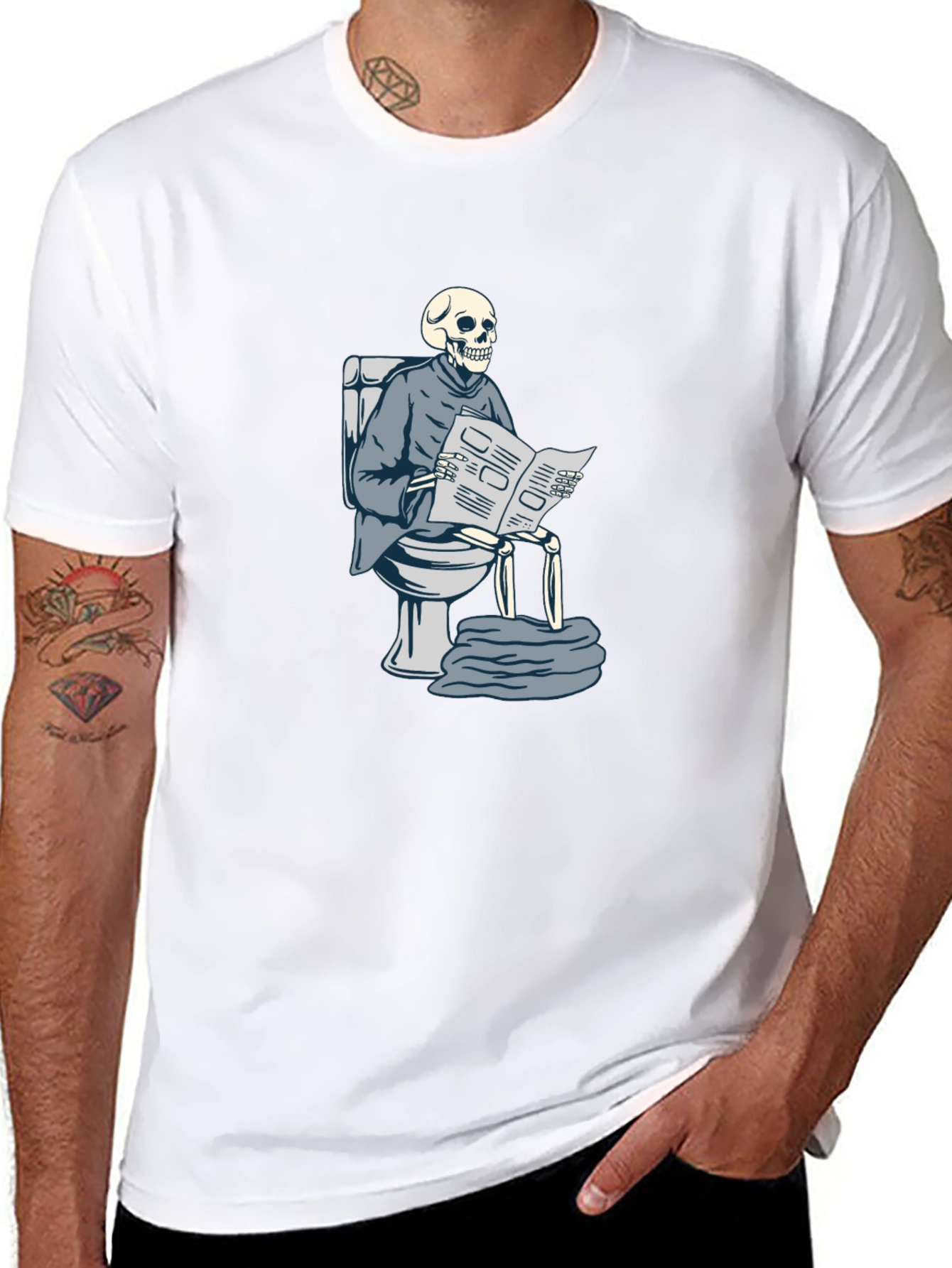 Skeleton on Toilet Reading T-Shirt