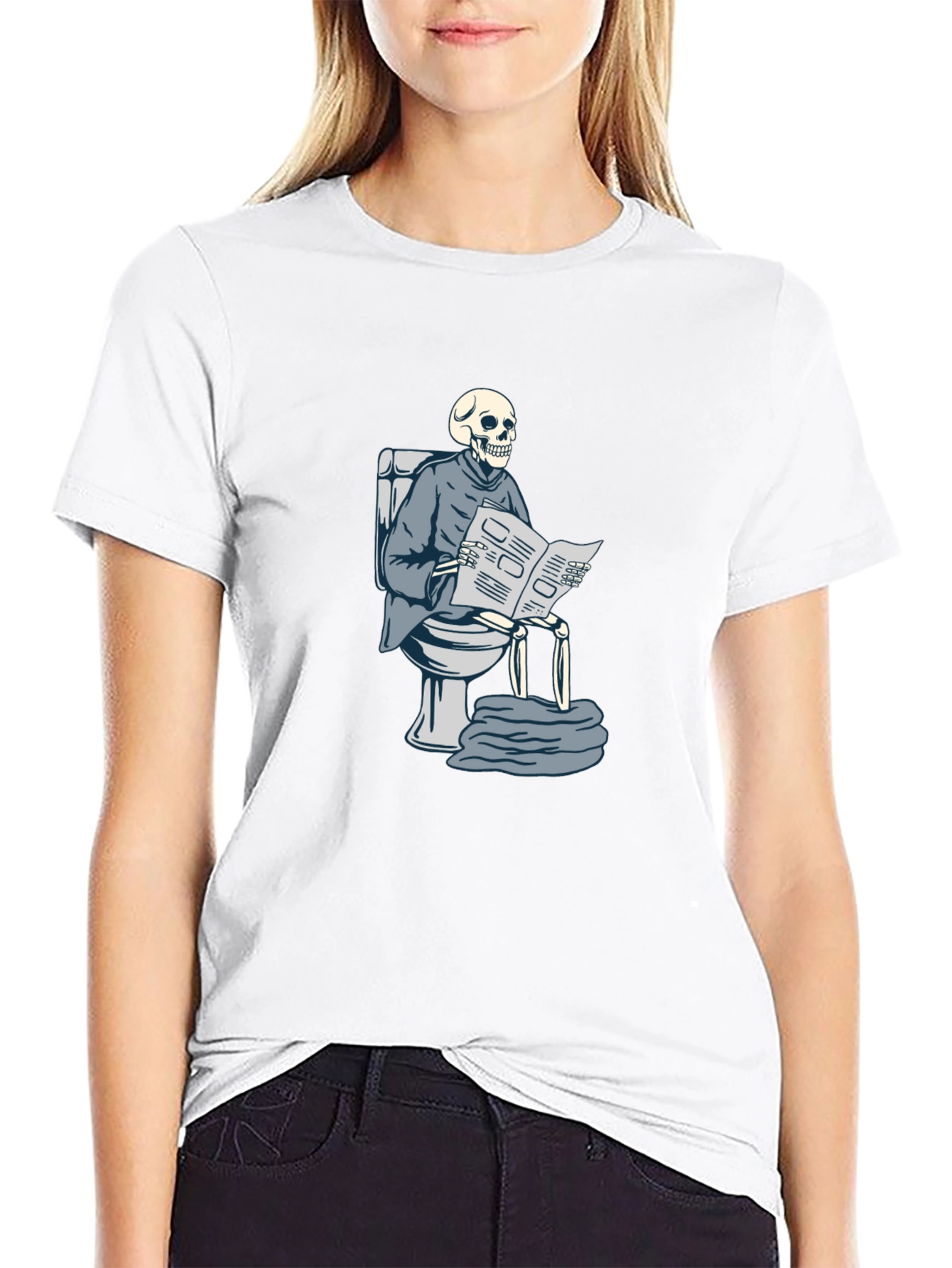 Skeleton on Toilet Reading T-Shirt