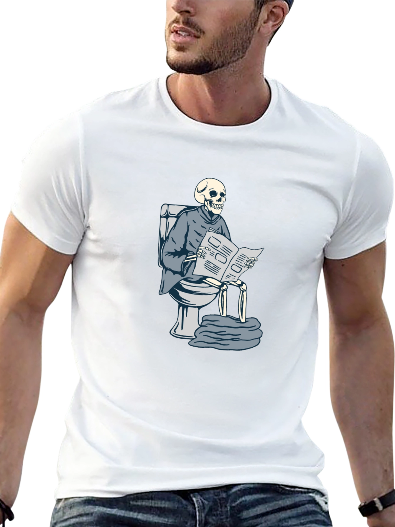 Skeleton on Toilet Reading T-Shirt