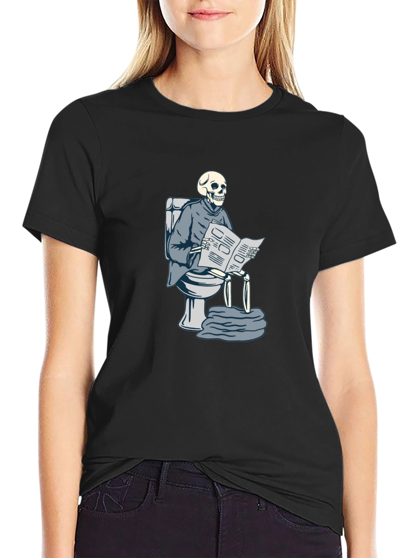 Skeleton on Toilet Reading T-Shirt