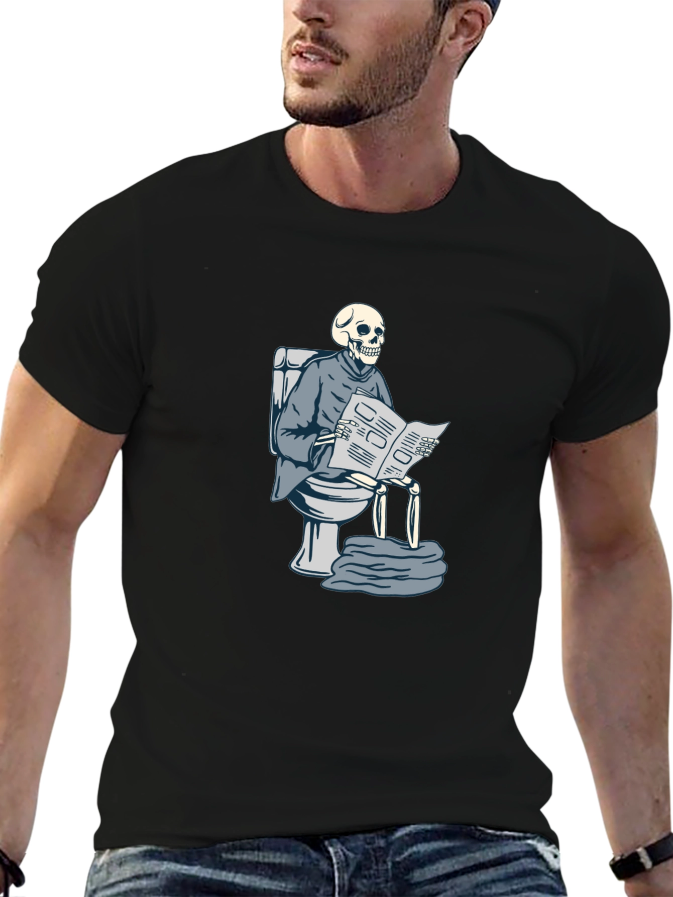 Skeleton on Toilet Reading T-Shirt