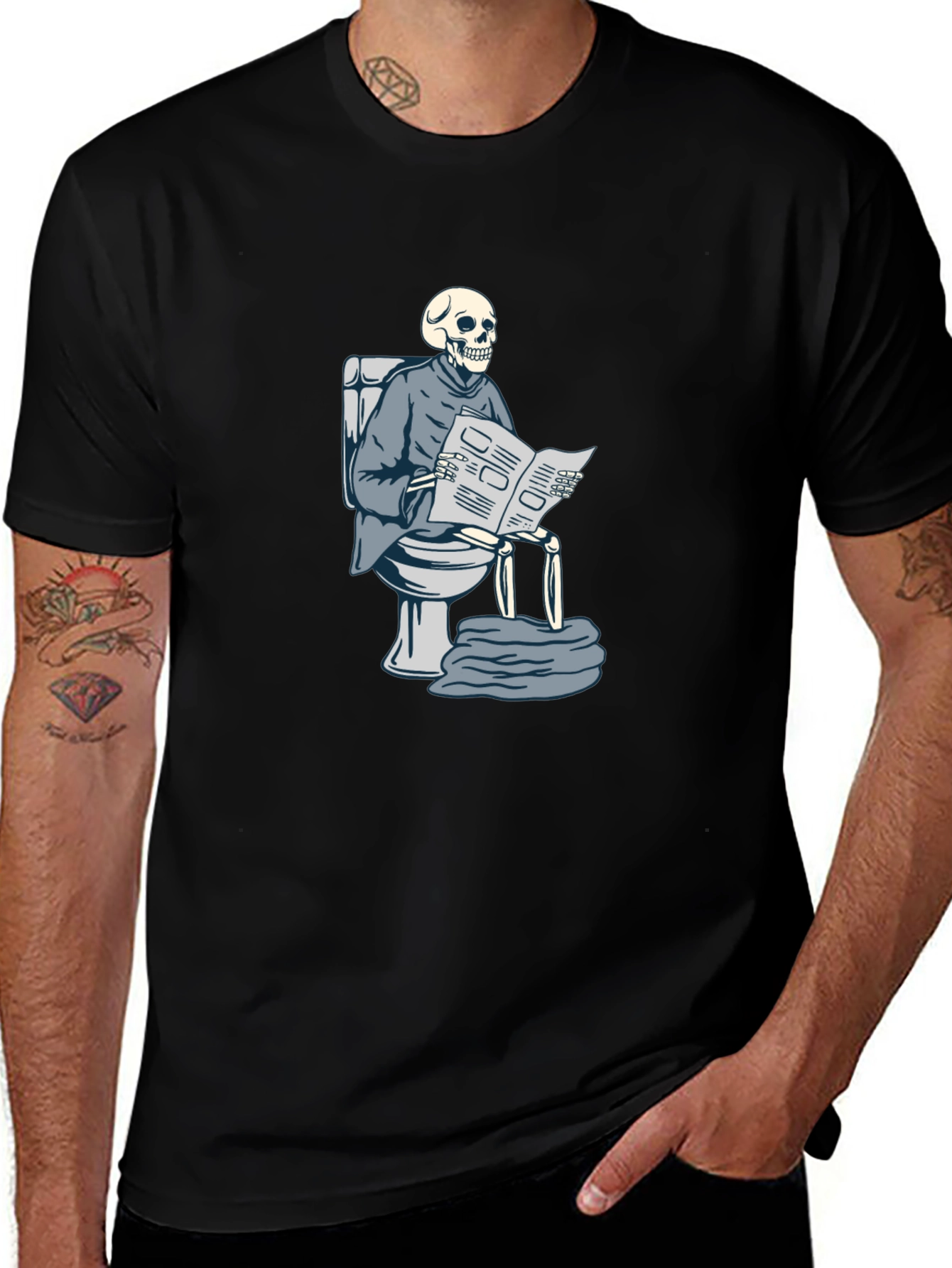 Skeleton on Toilet Reading T-Shirt