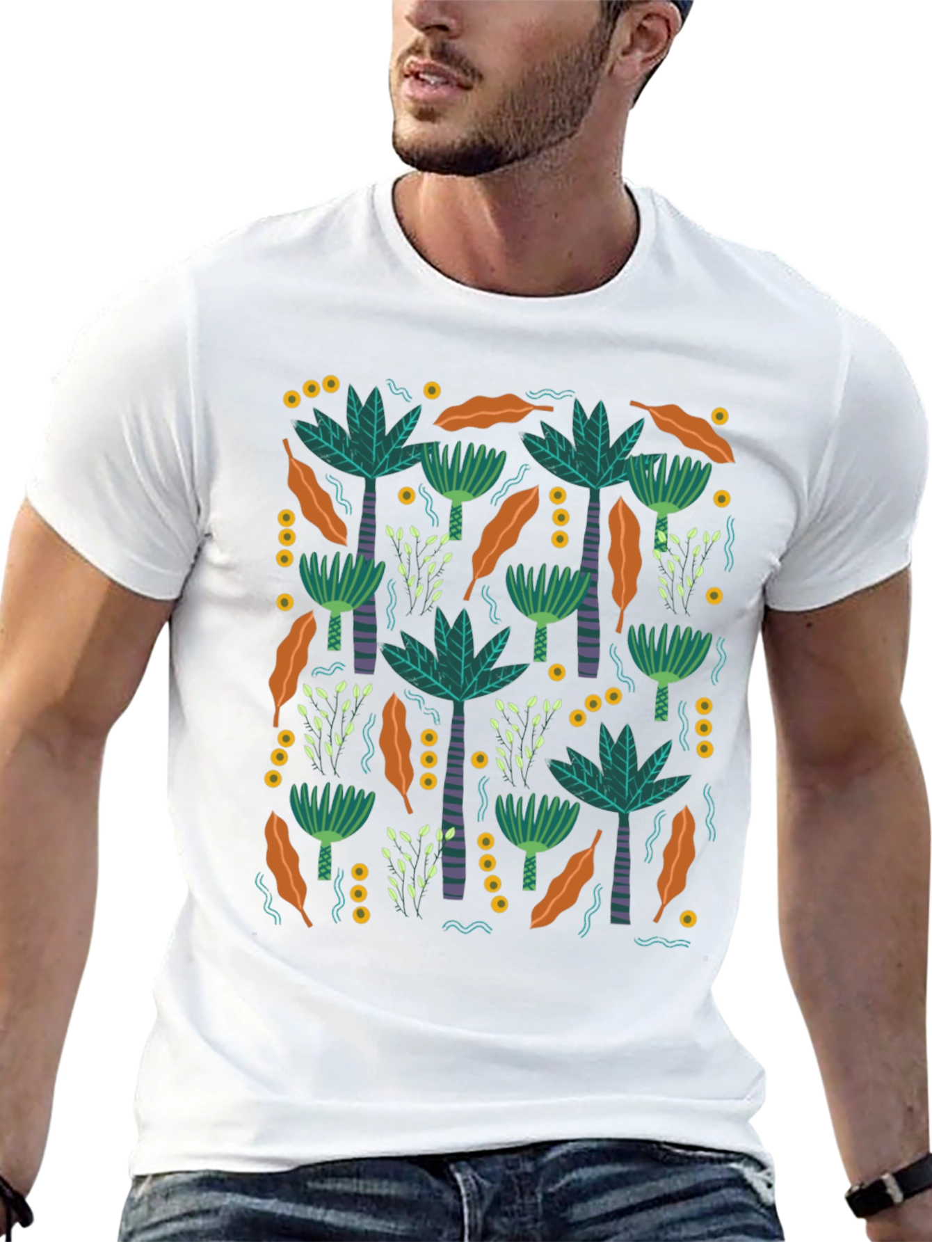 Tropical Palm Tree Pattern Black T-Shirt