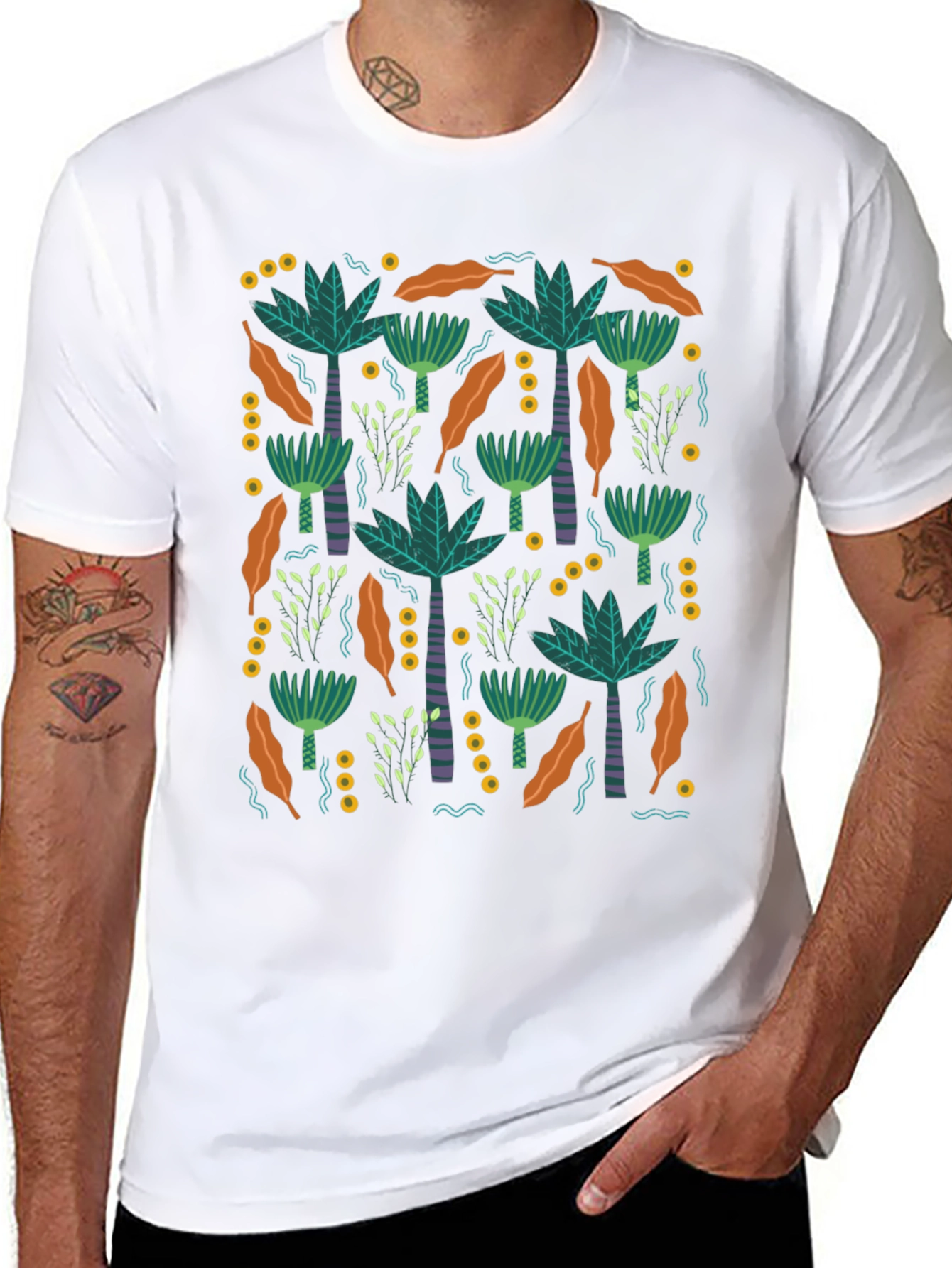 Tropical Palm Tree Pattern Black T-Shirt