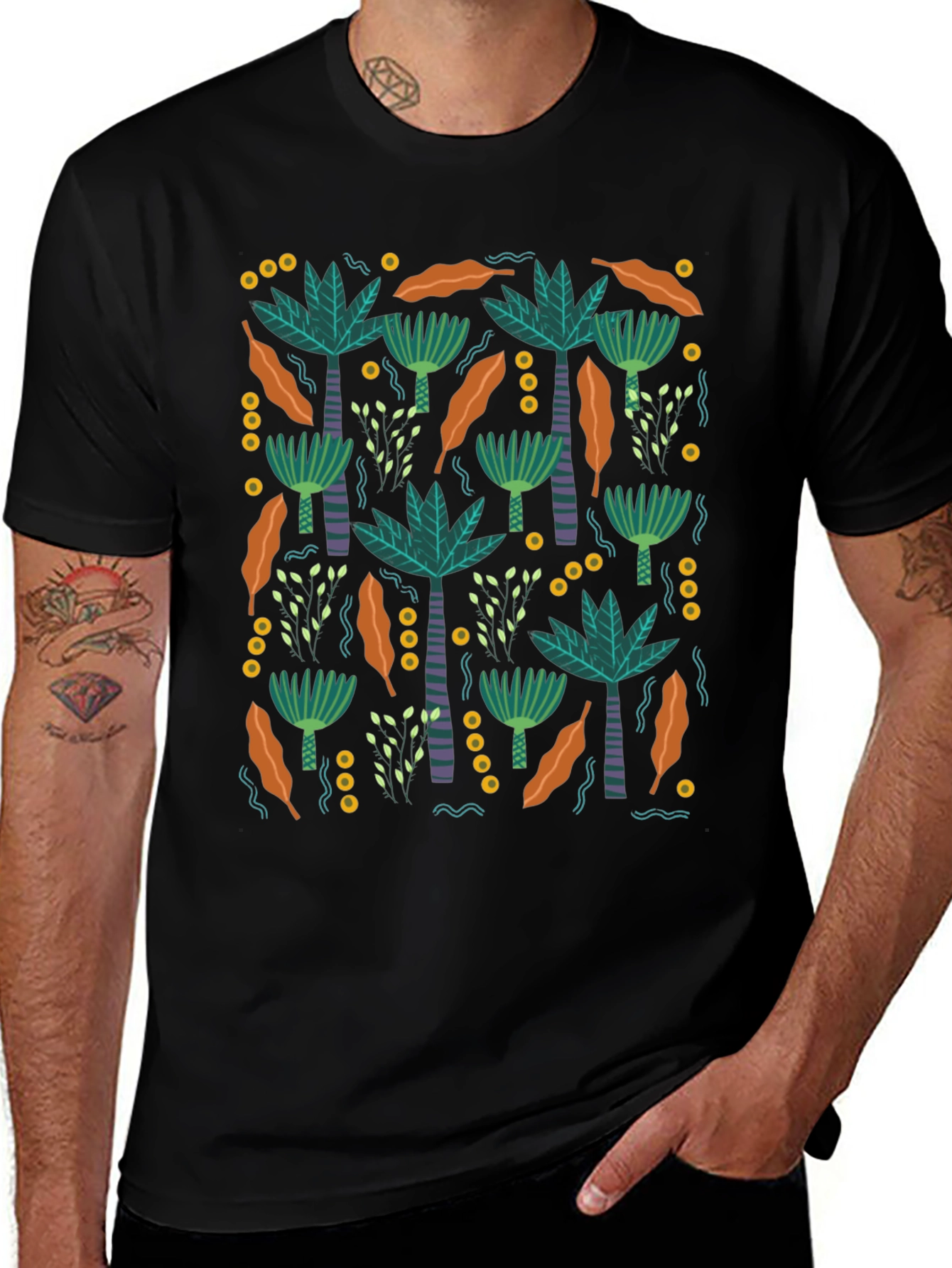 Tropical Palm Tree Pattern Black T-Shirt