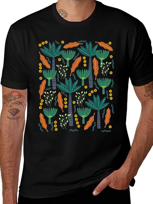 Tropical Palm Tree Pattern Black T-Shirt