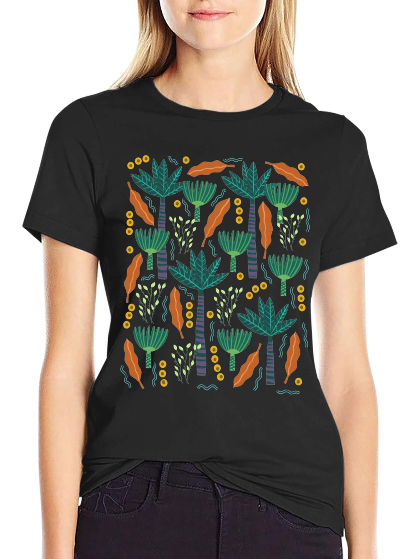 Tropical Palm Tree Pattern Black T-Shirt