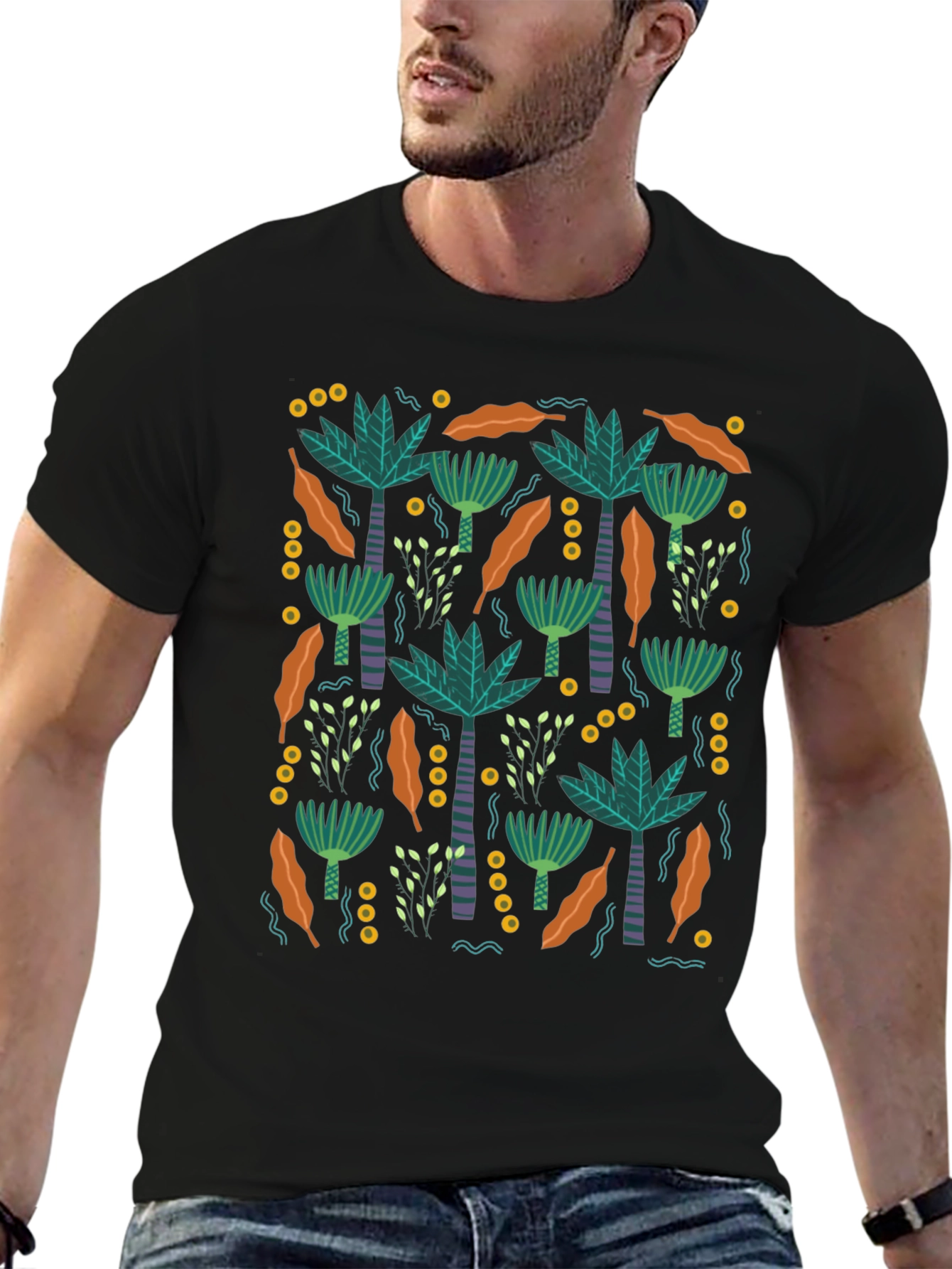 Tropical Palm Tree Pattern Black T-Shirt
