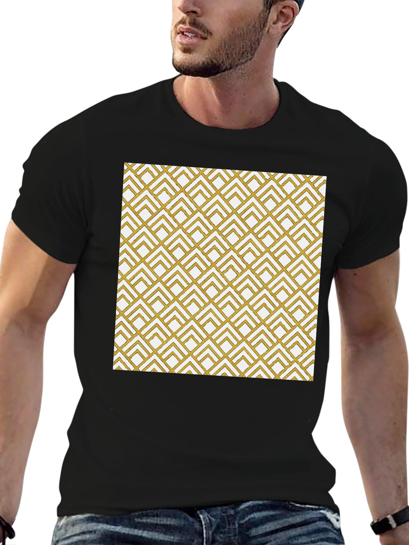 Geometric Gold Pattern Black T-Shirt