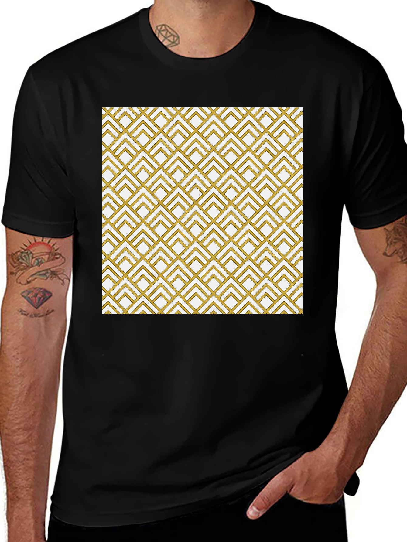 Geometric Gold Pattern Black T-Shirt