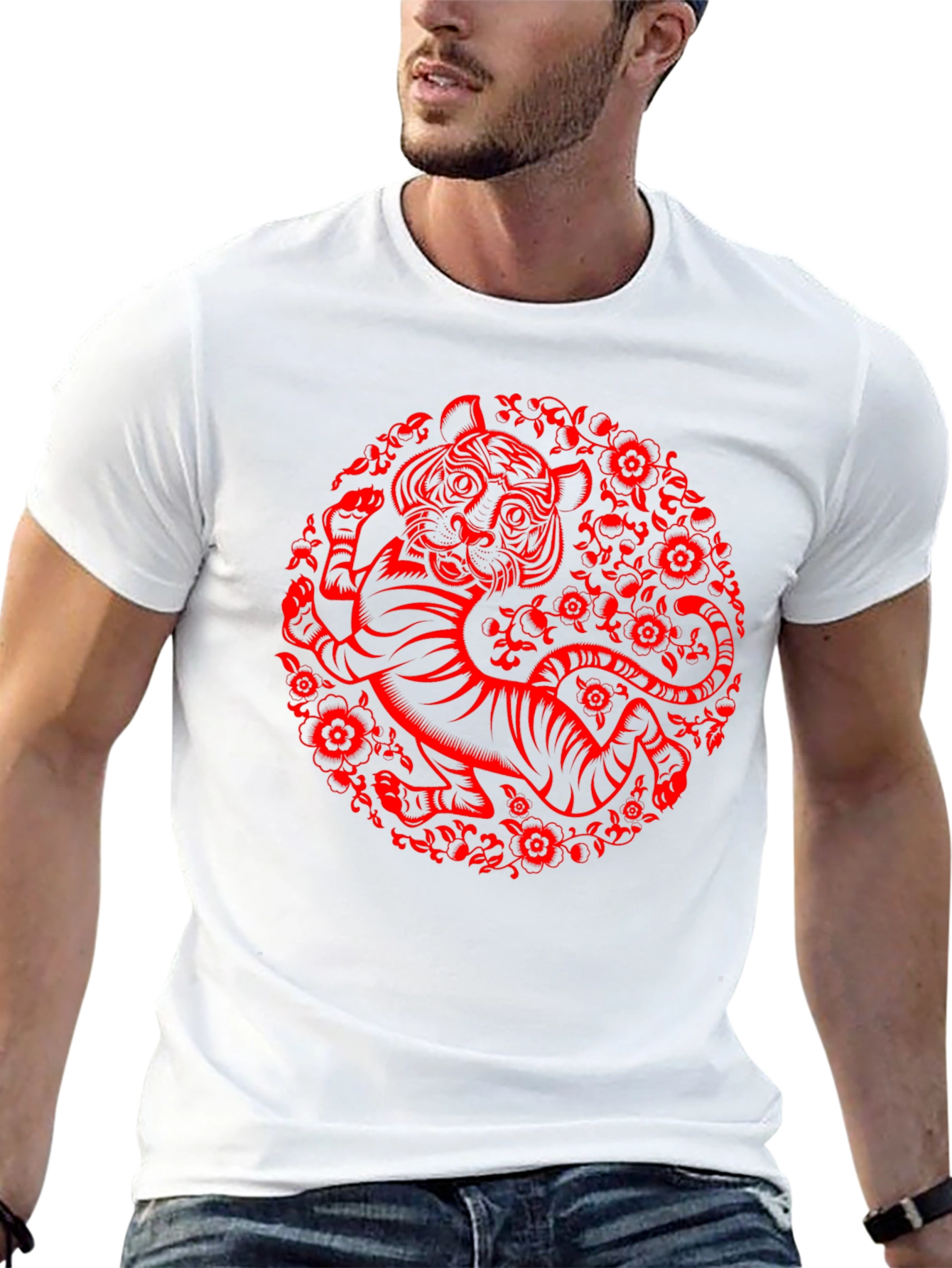 Tiger Graphic T-Shirt - Red Print on Black Cotton