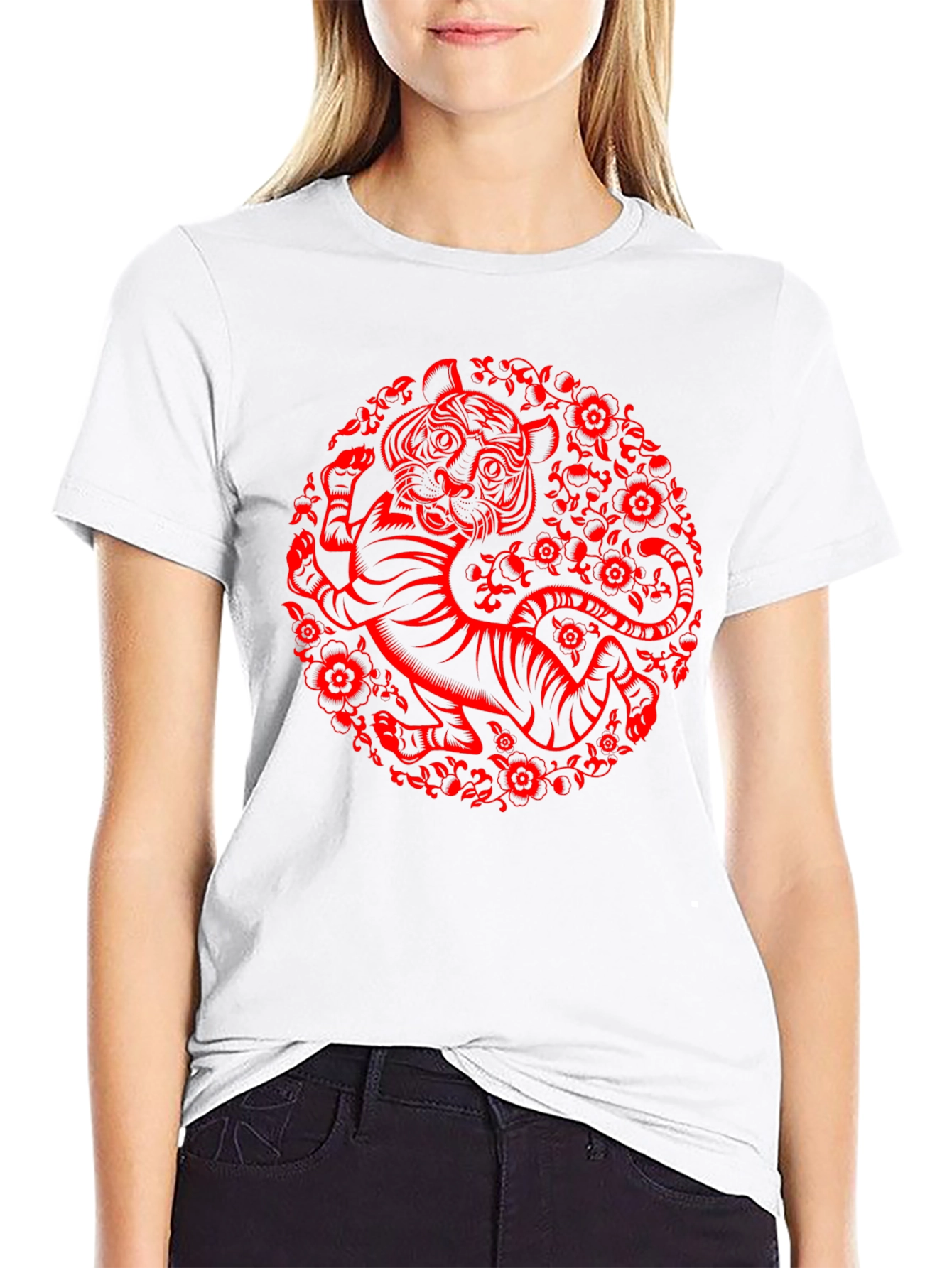 Tiger Graphic T-Shirt - Red Print on Black Cotton