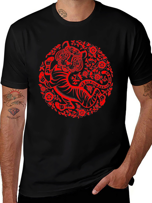 Tiger Graphic T-Shirt - Red Print on Black Cotton