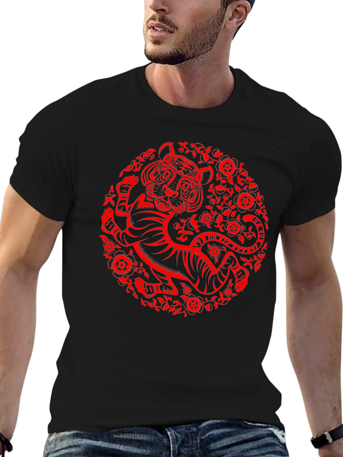 Tiger Graphic T-Shirt - Red Print on Black Cotton