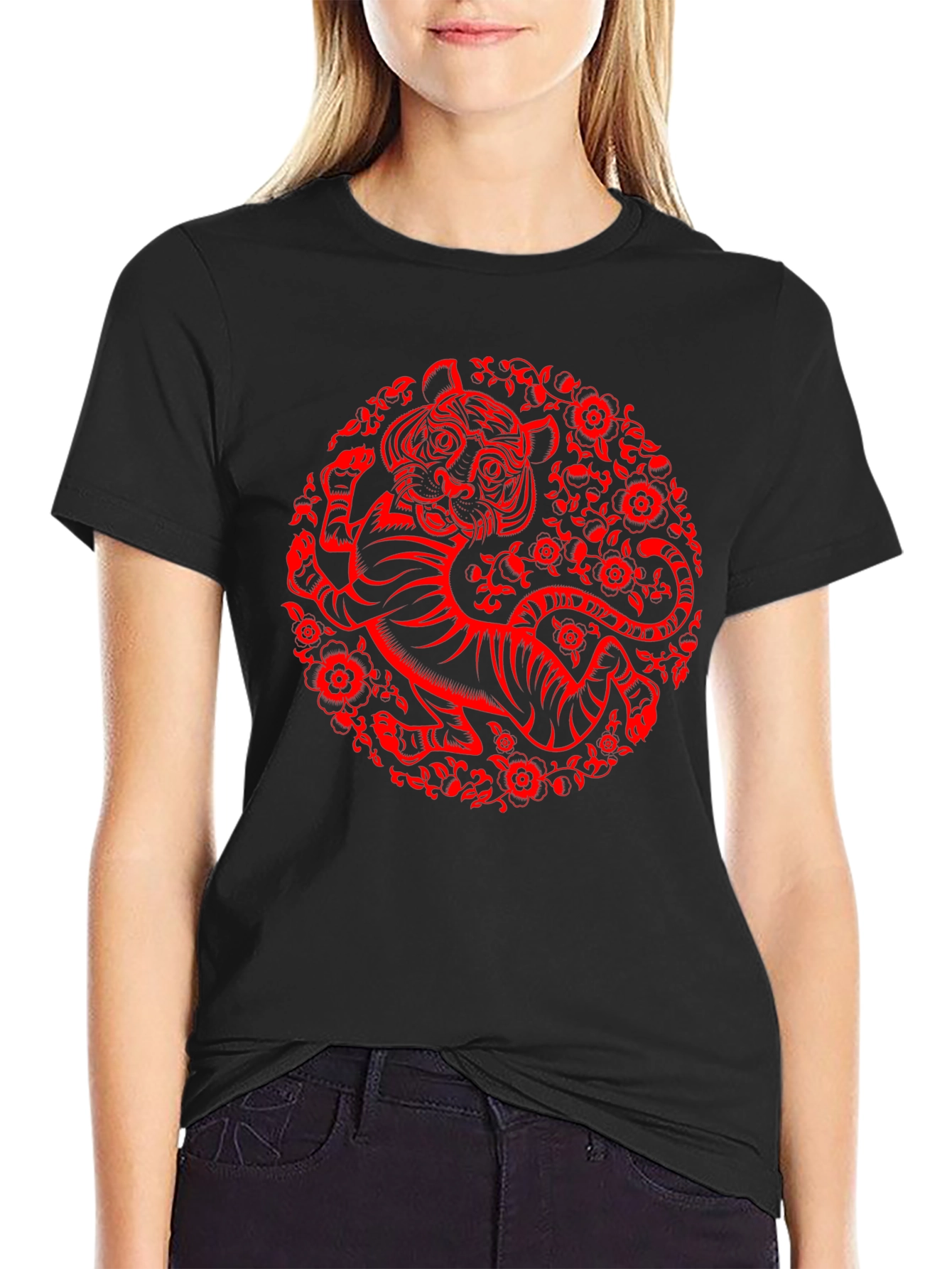 Tiger Graphic T-Shirt - Red Print on Black Cotton