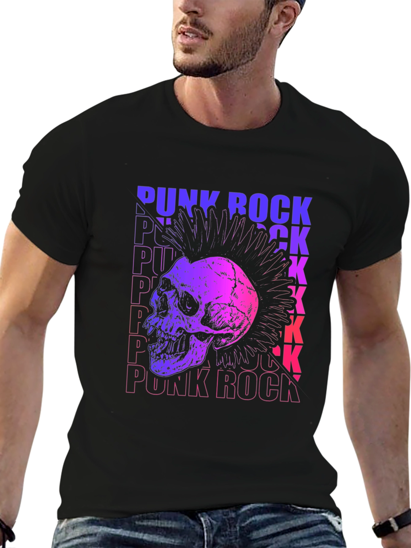Punk Rock Skull Graphic Tee - Mens Black T-Shirt