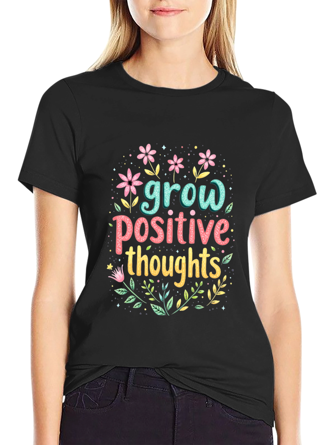 Grow Positive Thoughts Black Graphic Tee