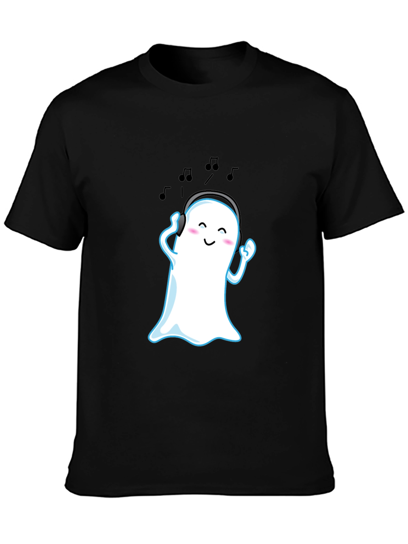 Cute Ghost with Headphones Black T-Shirt