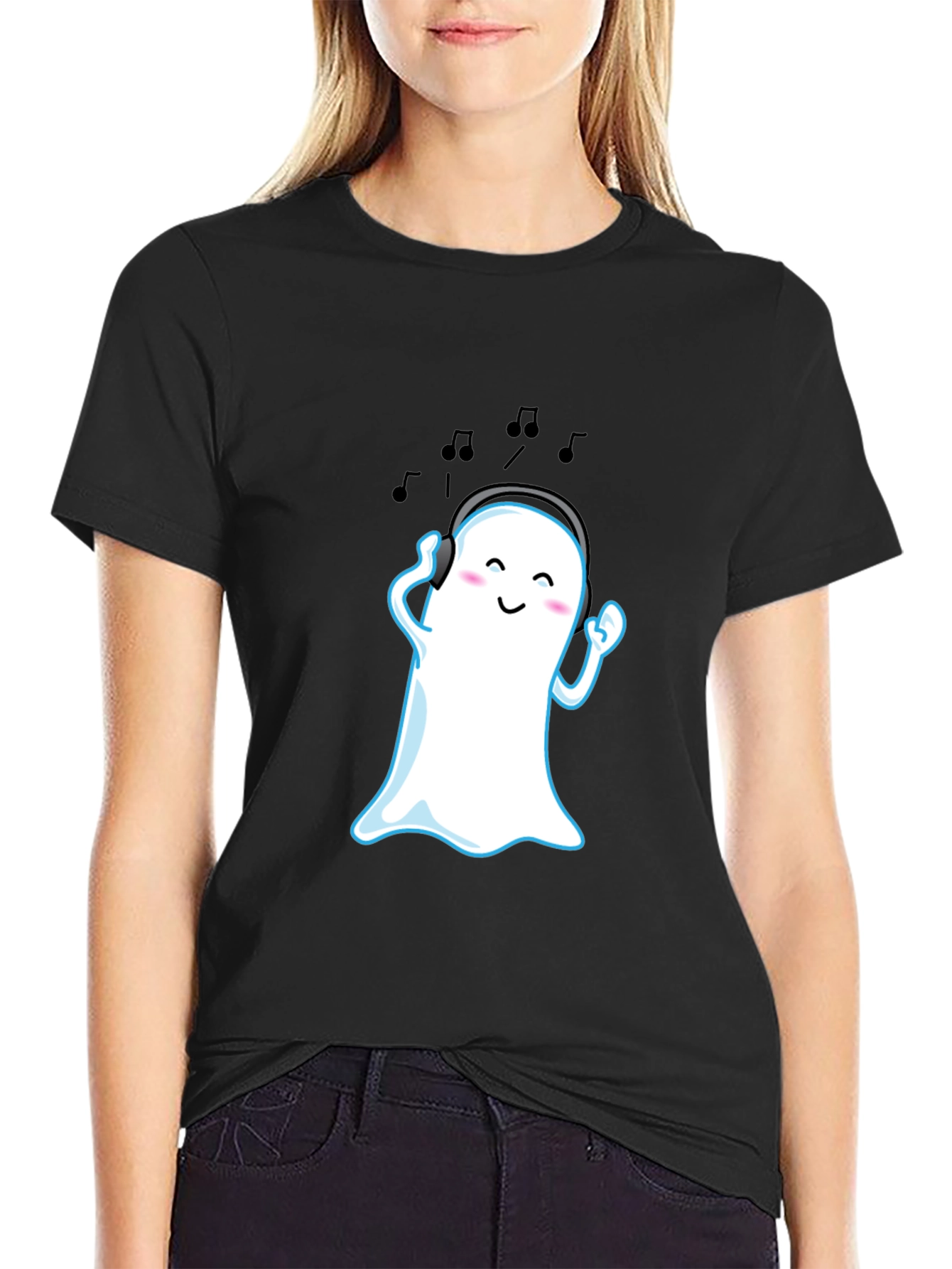 Cute Ghost with Headphones Black T-Shirt