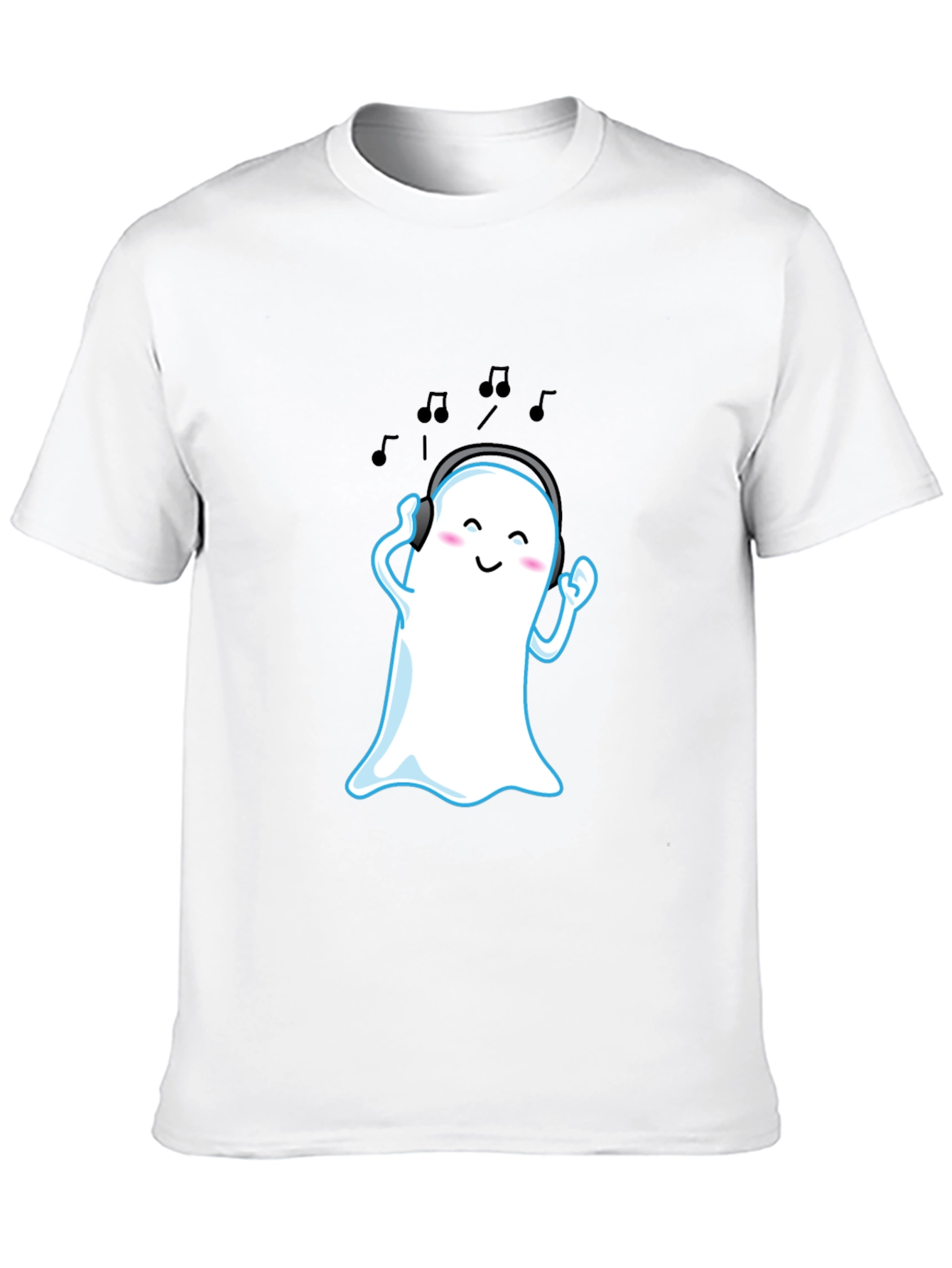 Cute Ghost with Headphones Black T-Shirt