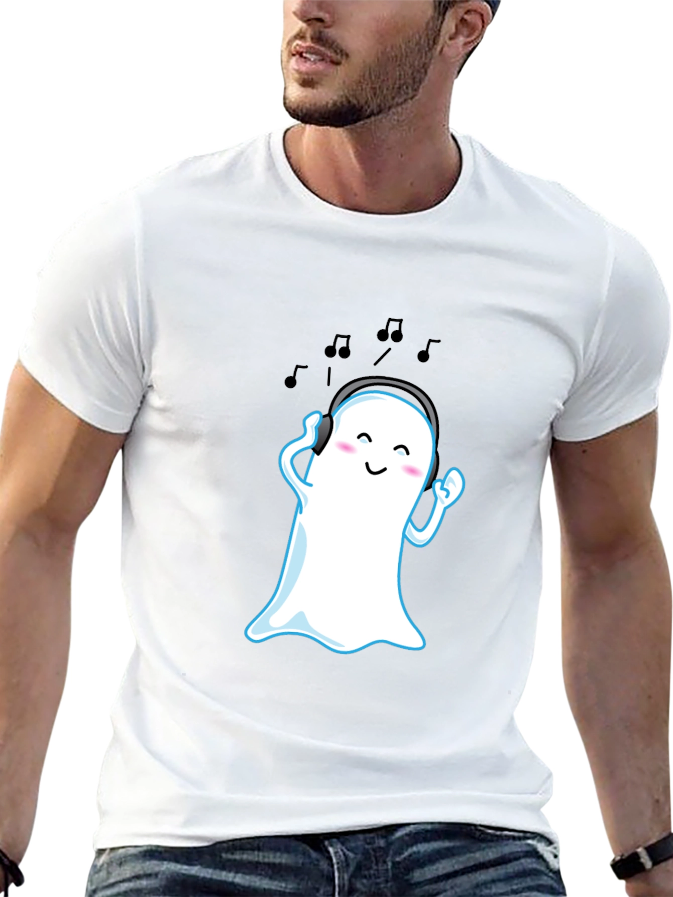Cute Ghost with Headphones Black T-Shirt