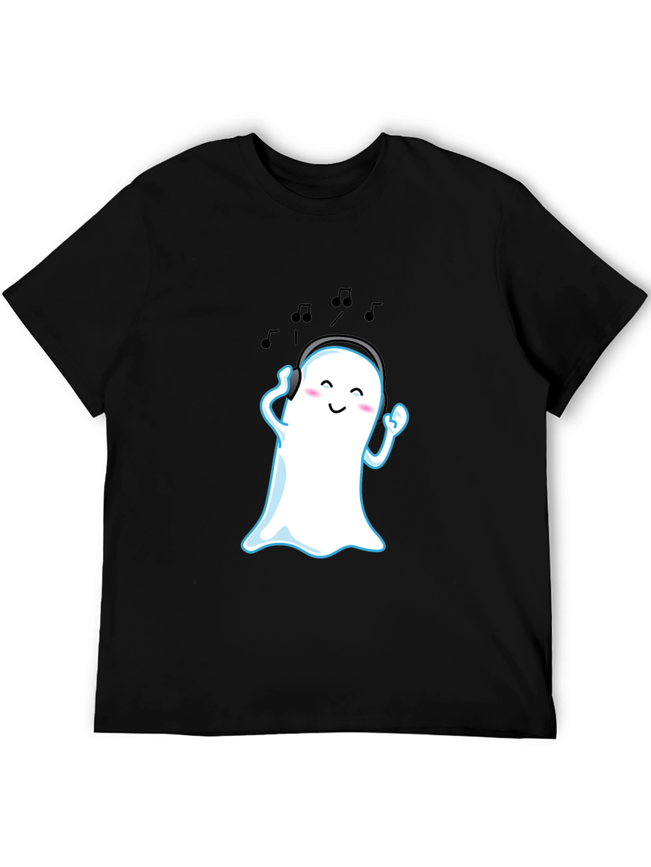 Cute Ghost with Headphones Black T-Shirt
