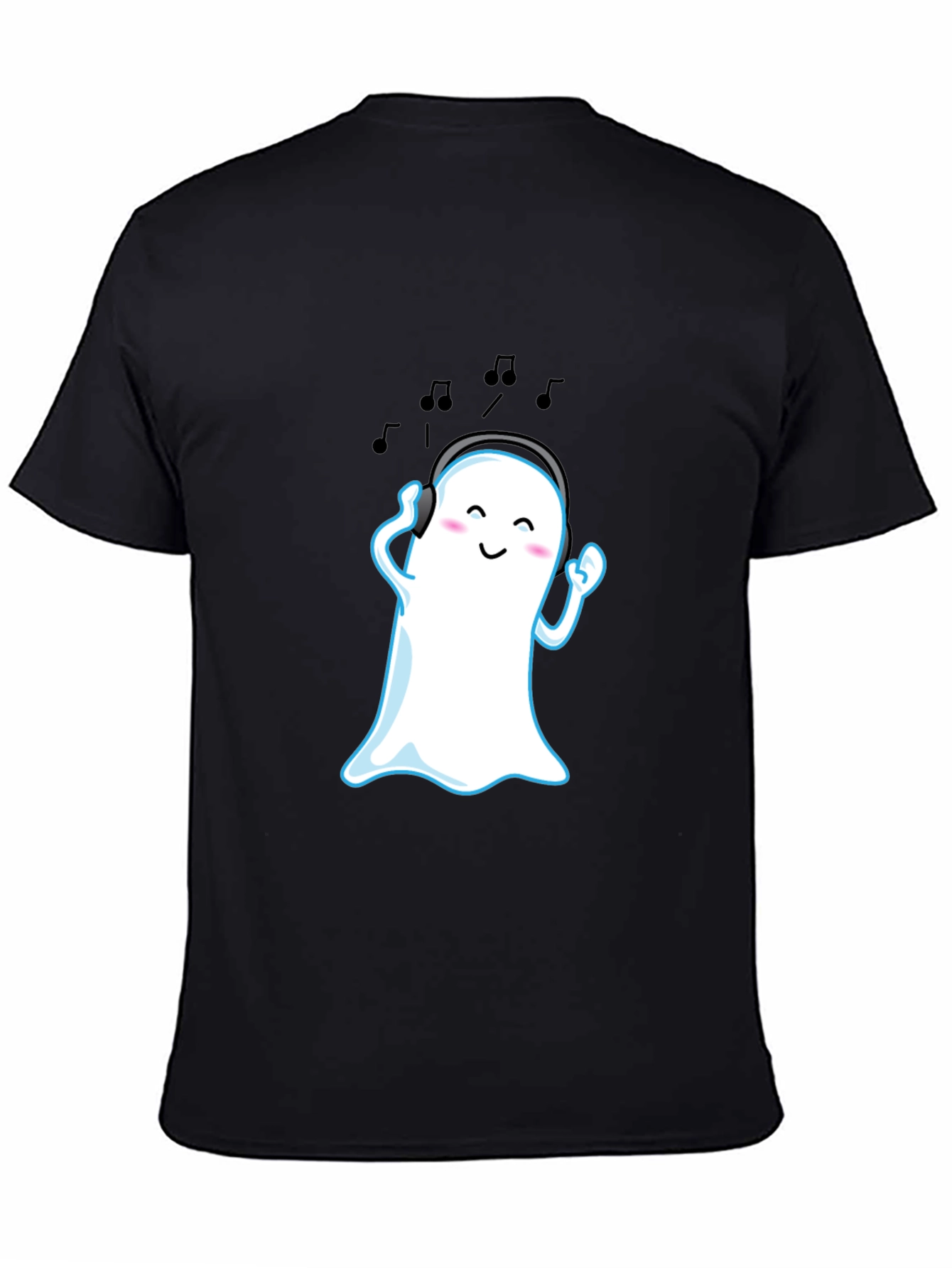 Cute Ghost with Headphones Black T-Shirt