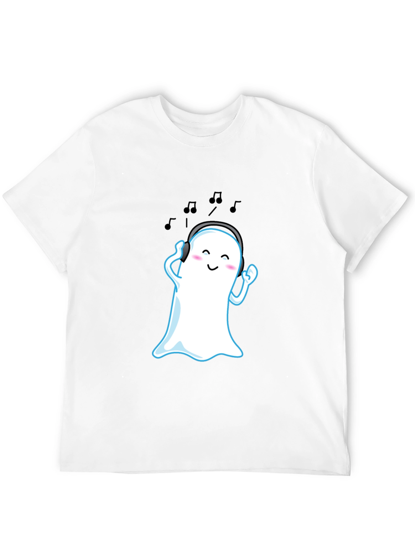 Cute Ghost with Headphones Black T-Shirt