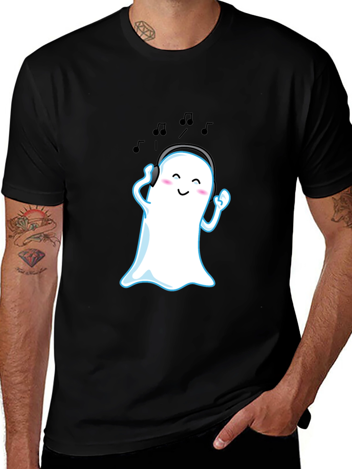 Cute Ghost with Headphones Black T-Shirt