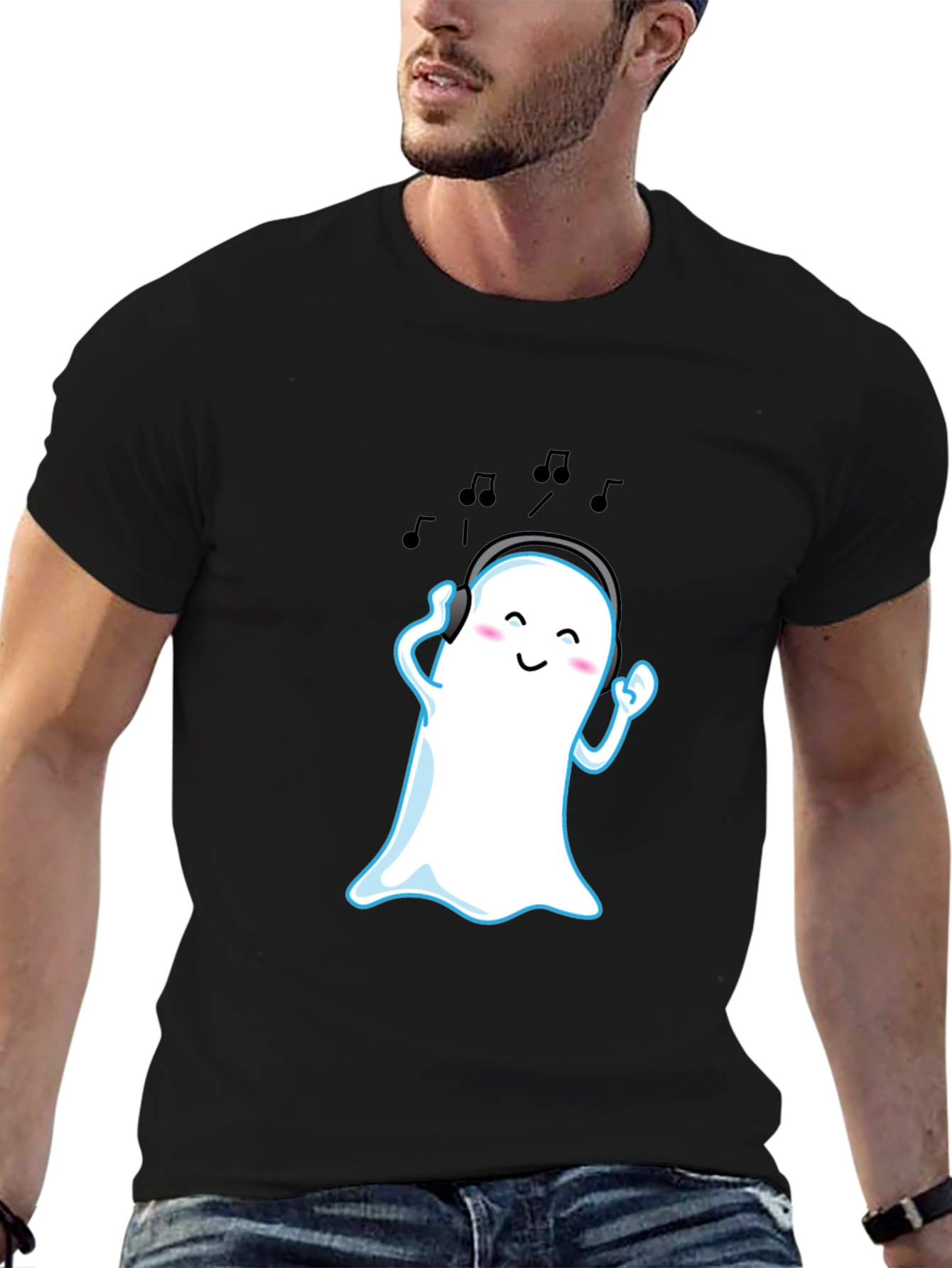 Cute Ghost with Headphones Black T-Shirt