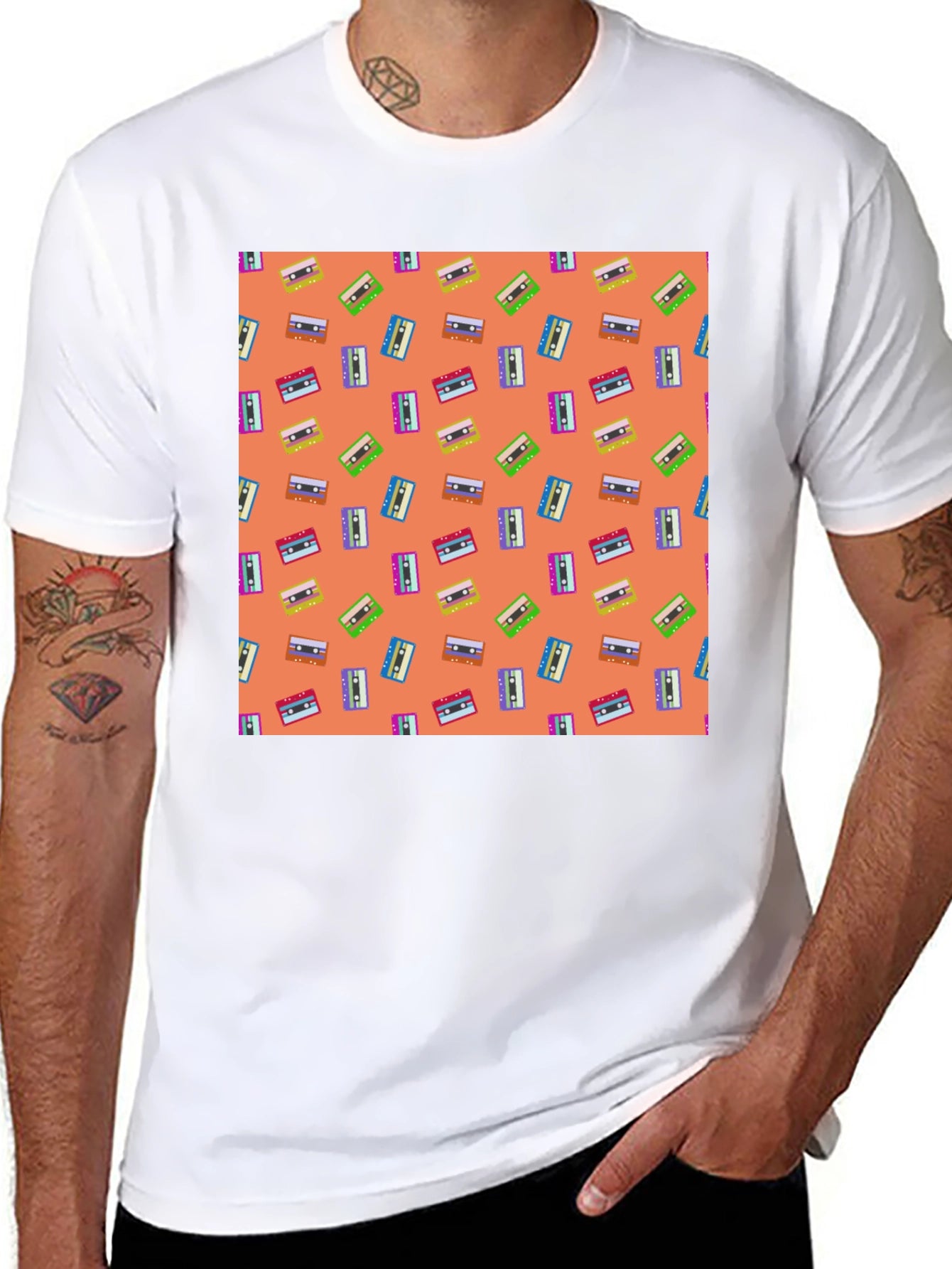 Retro Cassette Tape Pattern Tee - Black
