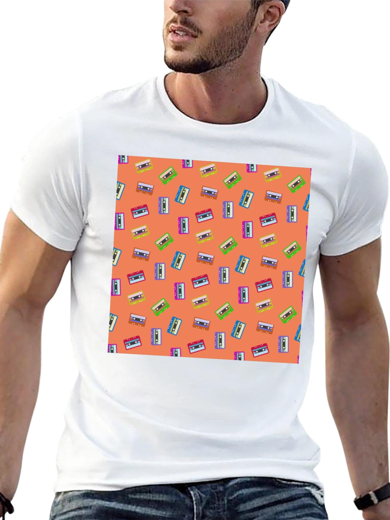 Retro Cassette Tape Pattern Tee - Black