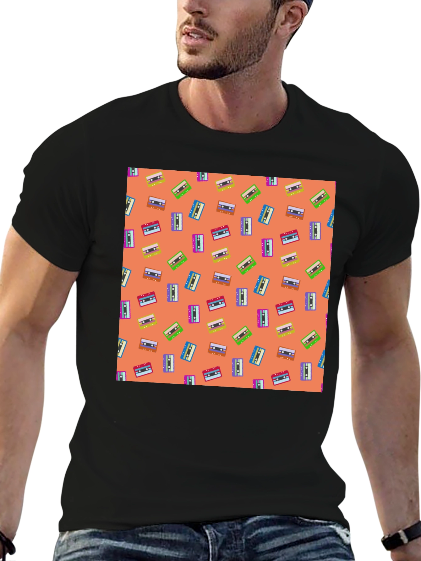 Retro Cassette Tape Pattern Tee - Black