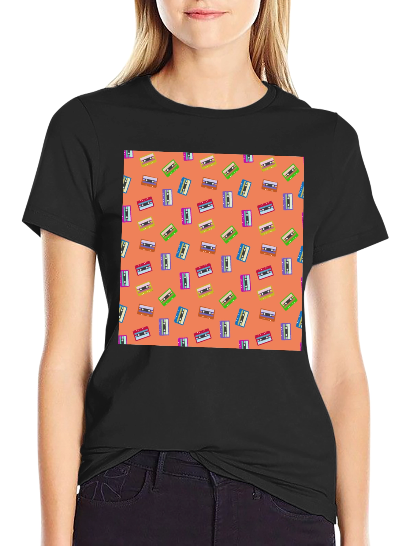 Retro Cassette Tape Pattern Tee - Black