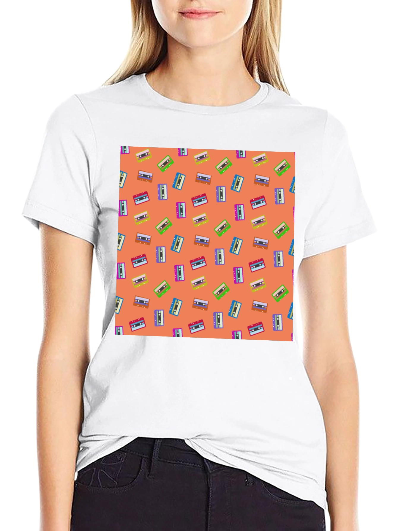 Retro Cassette Tape Pattern Tee - Black