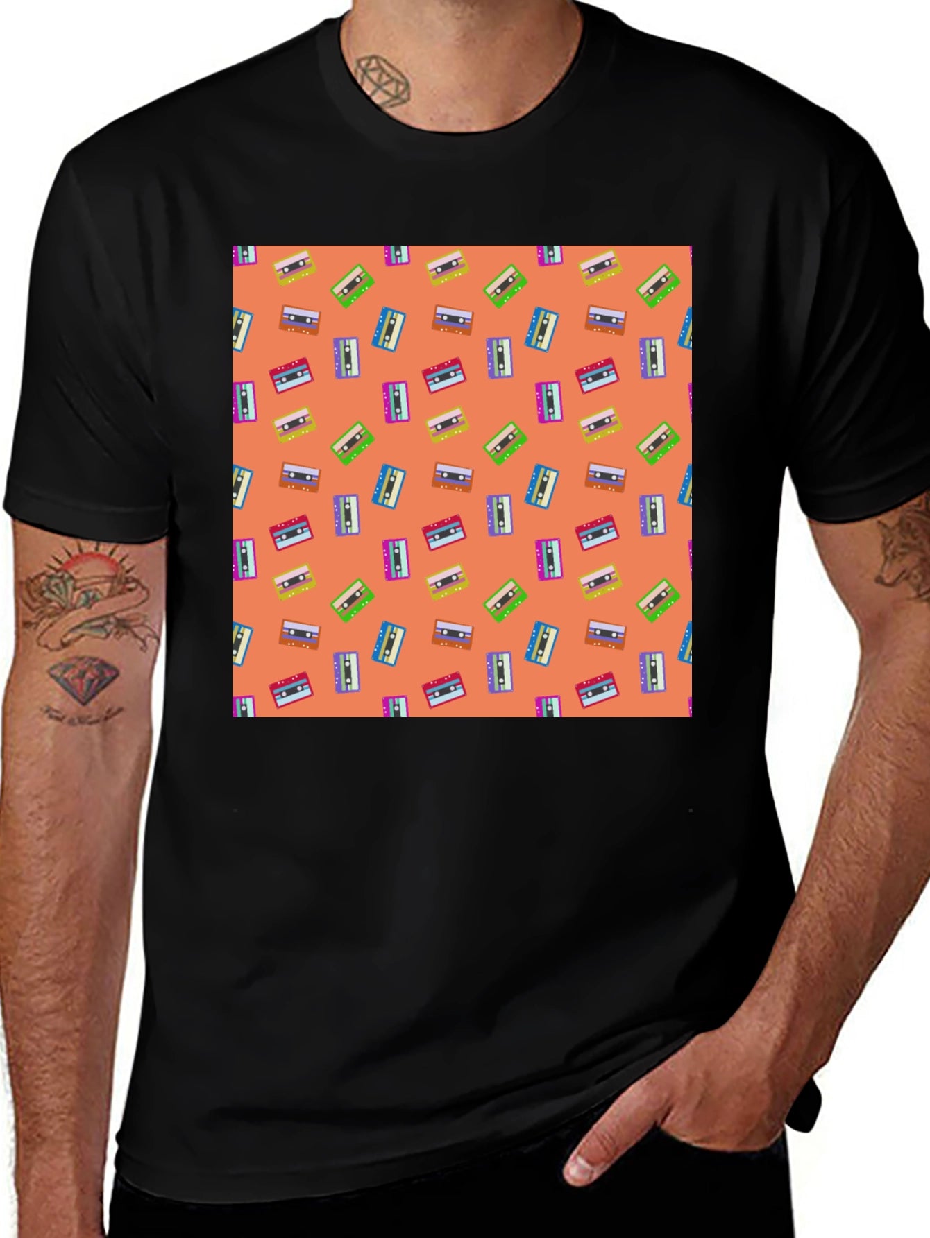 Retro Cassette Tape Pattern Tee - Black