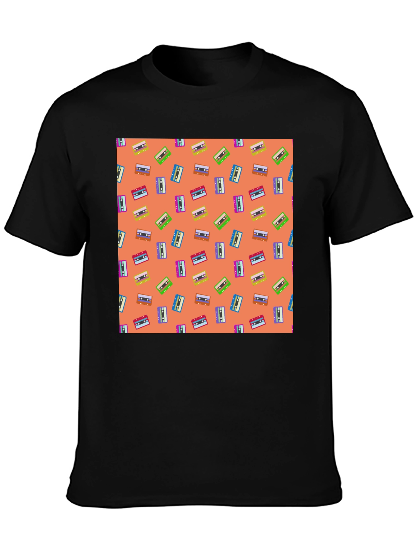 Retro Cassette Tape Pattern Tee - Black