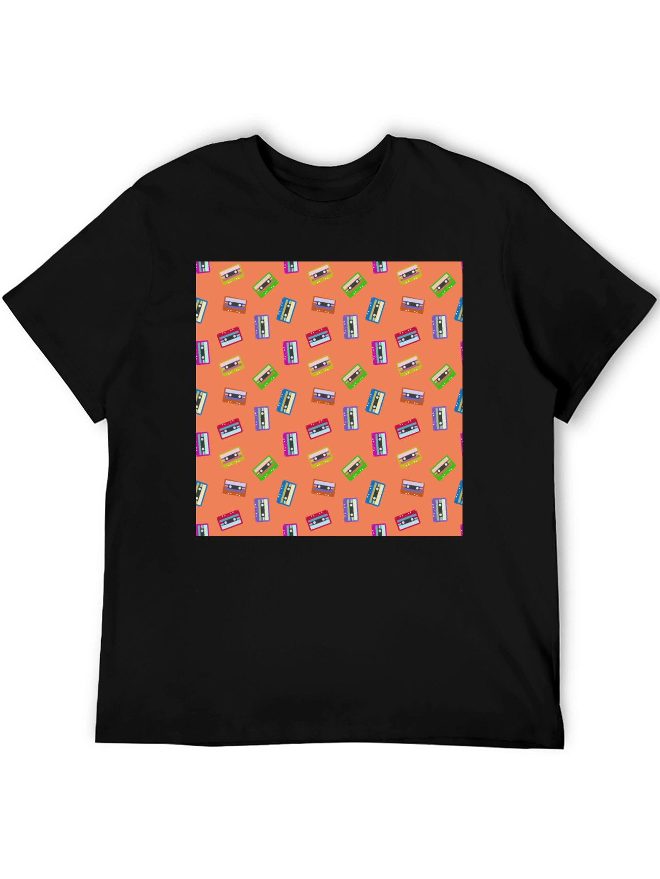 Retro Cassette Tape Pattern Tee - Black
