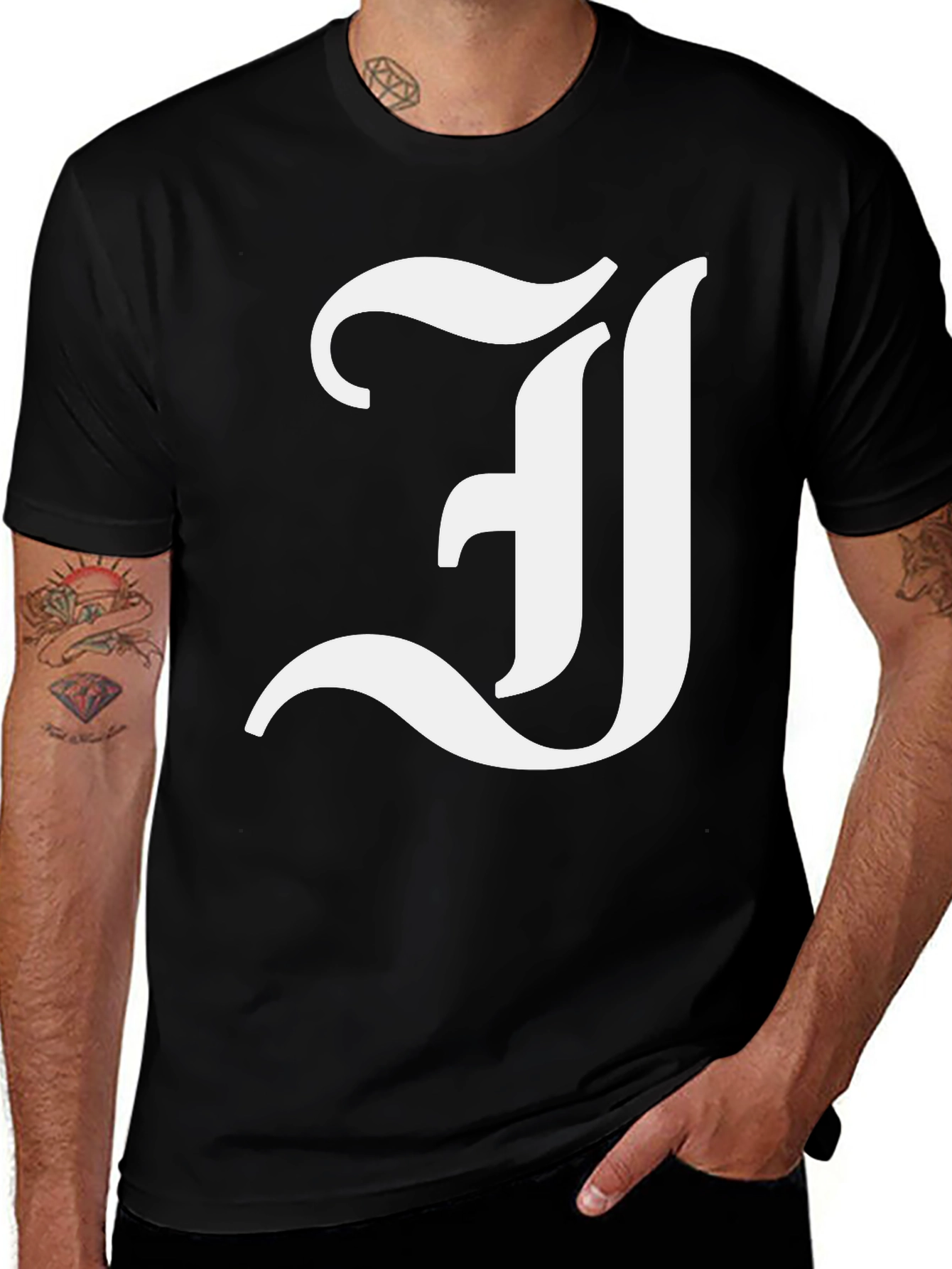 Letter J Graphic Tee - Black Cotton Blend Shirt