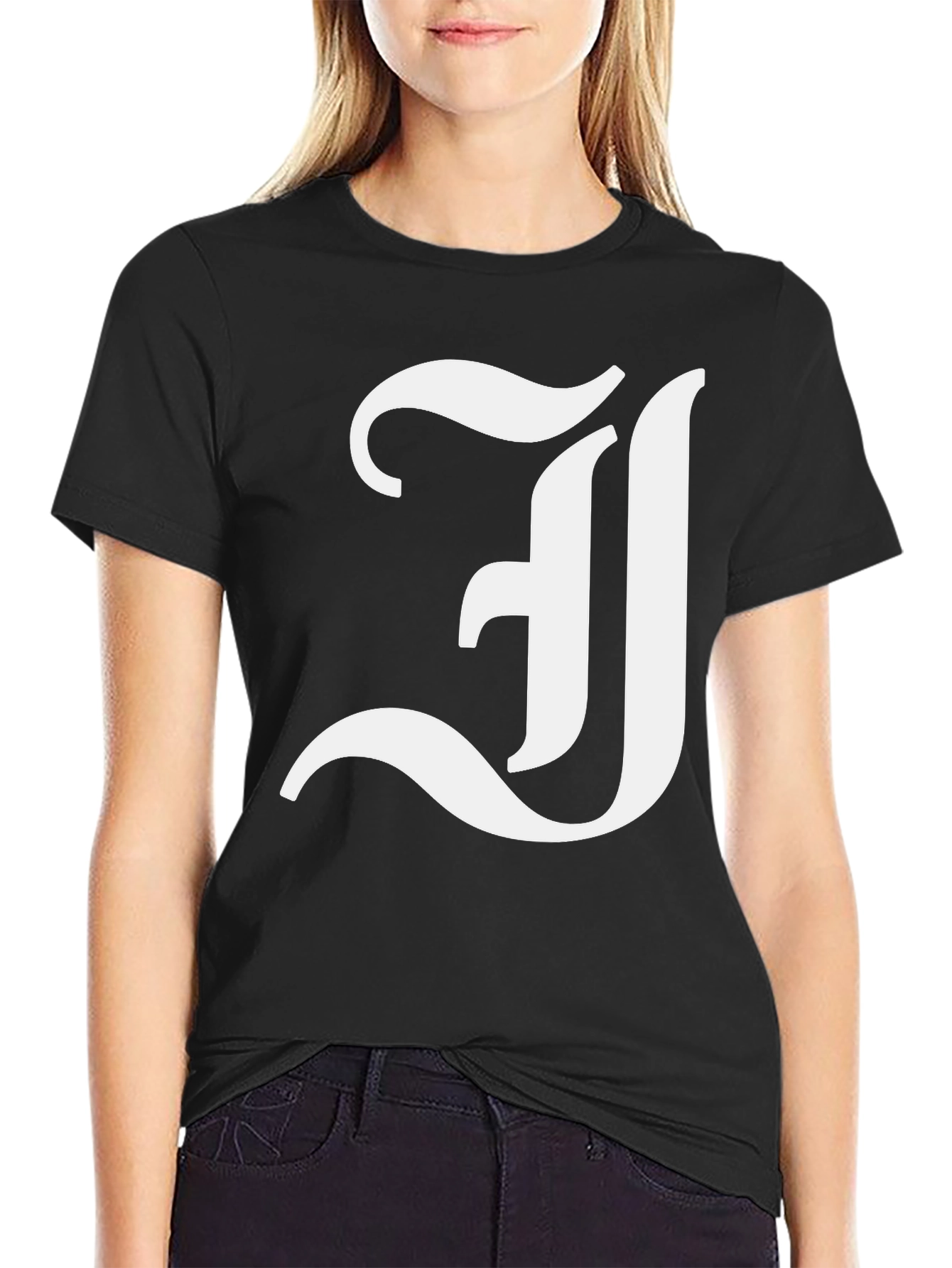 Letter J Graphic Tee - Black Cotton Blend Shirt