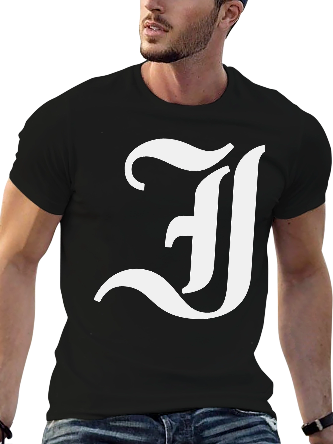 Letter J Graphic Tee - Black Cotton Blend Shirt