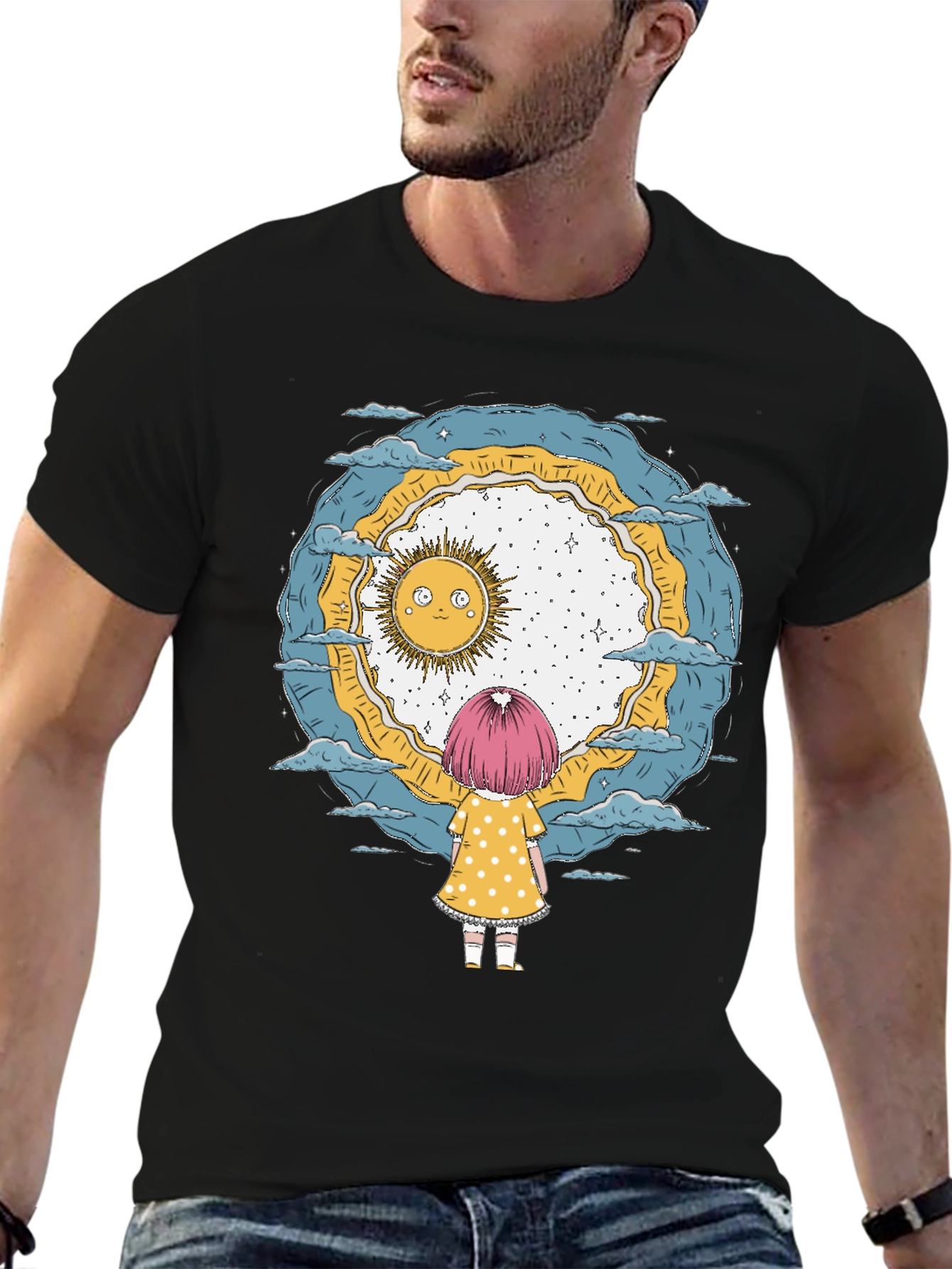 Whimsical Girl & Sun Graphic T-Shirt