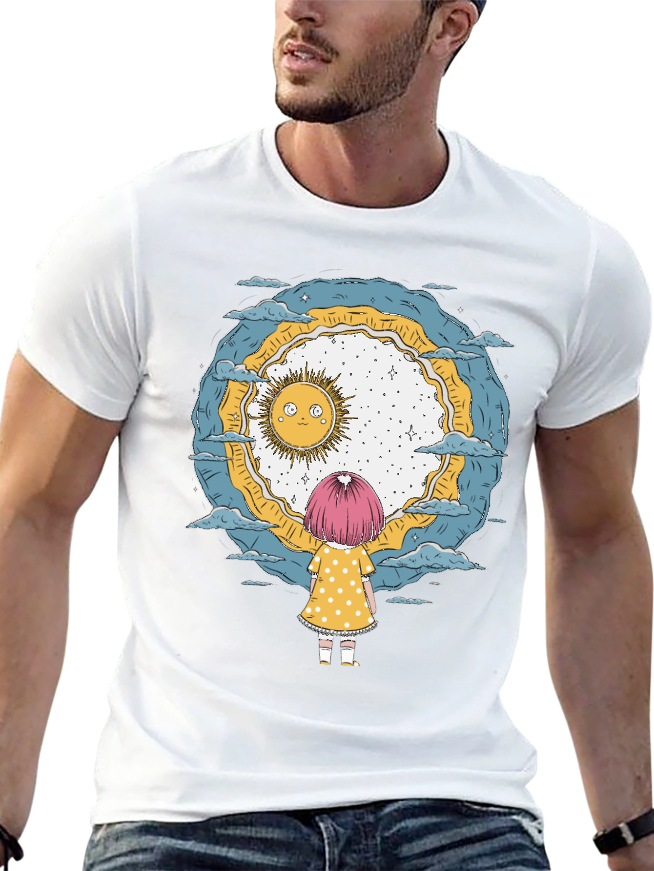 Whimsical Girl & Sun Graphic T-Shirt