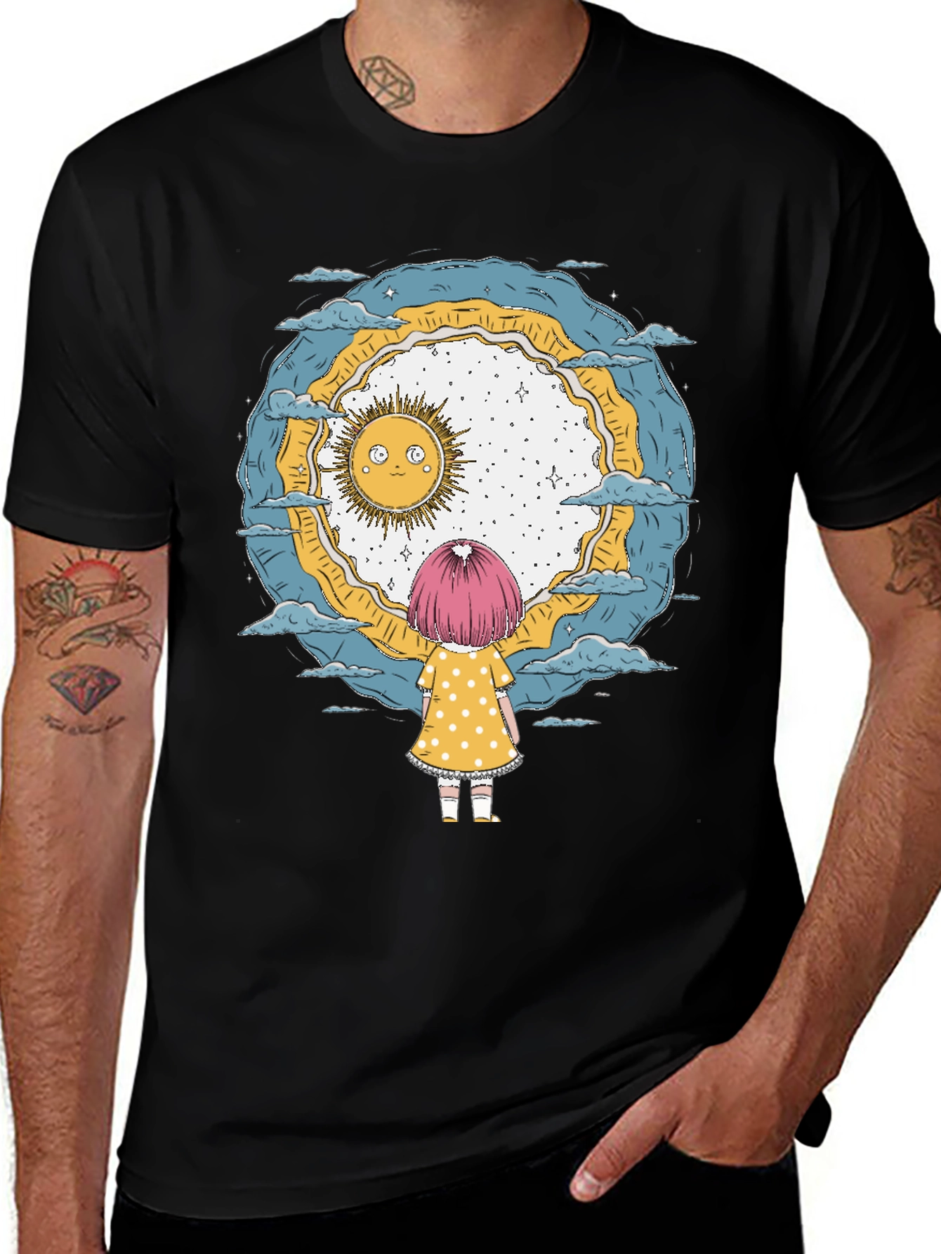 Whimsical Girl & Sun Graphic T-Shirt