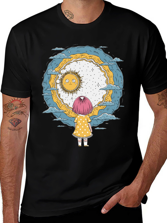 Whimsical Girl & Sun Graphic T-Shirt