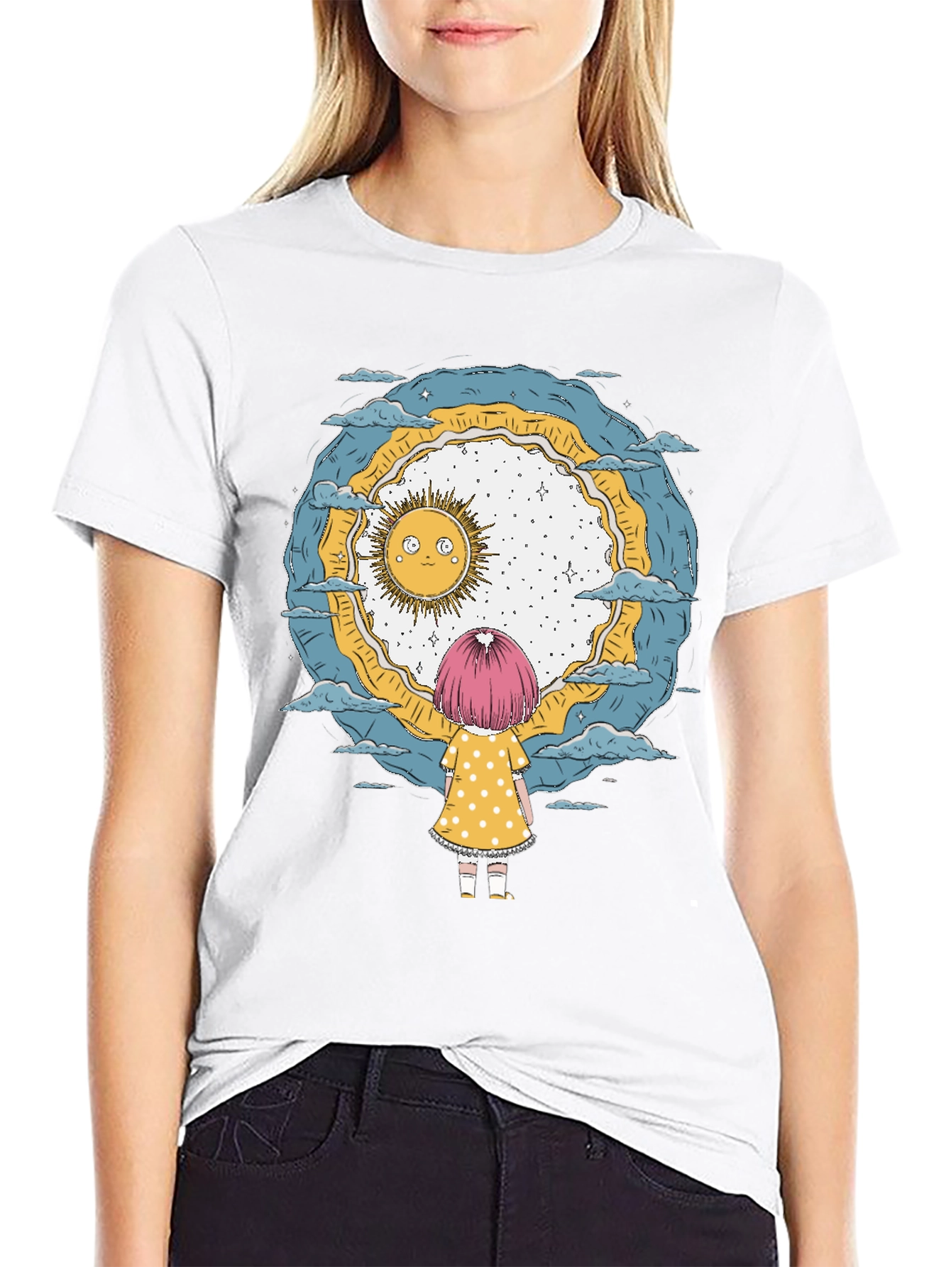 Whimsical Girl & Sun Graphic T-Shirt